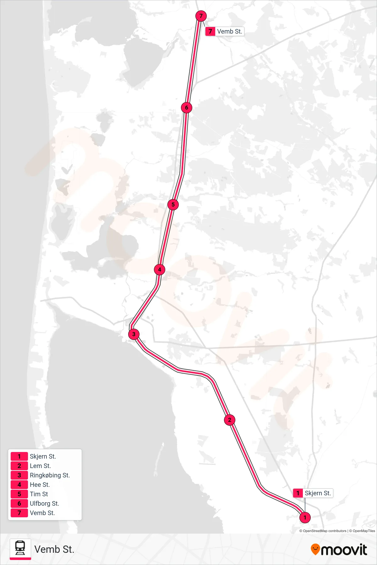 92 jernbane Linje (Vemb St.) rute og stop på et kort