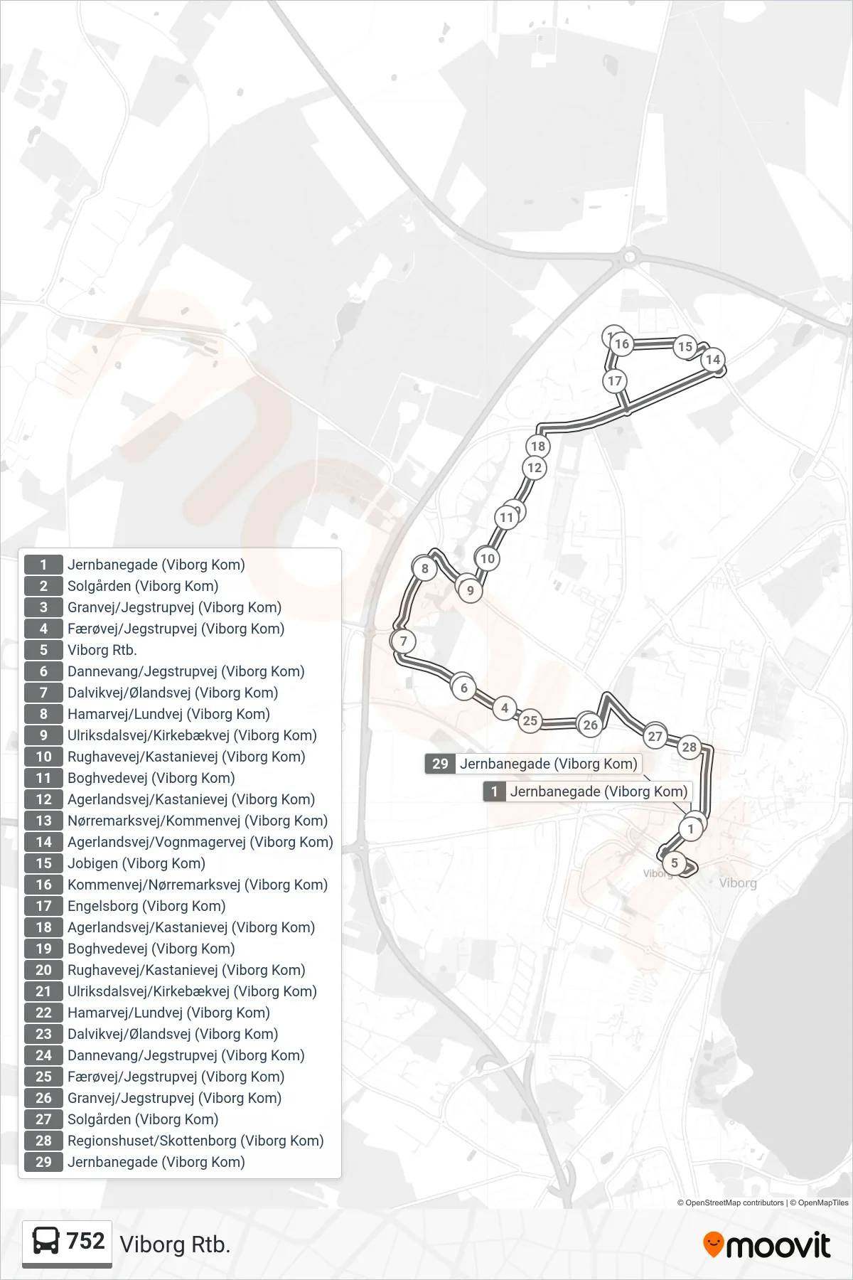 752 bus Linje (Viborg Rtb.) rute og stop på et kort