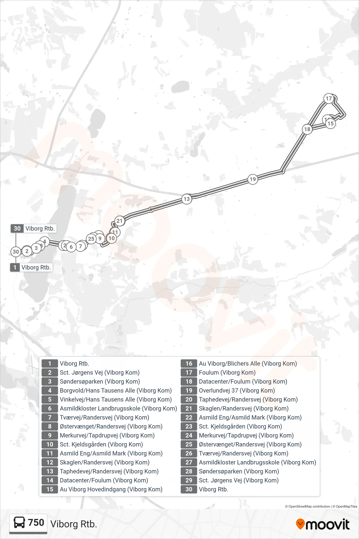 750 bus Linje (Viborg Rtb.) rute og stop på et kort