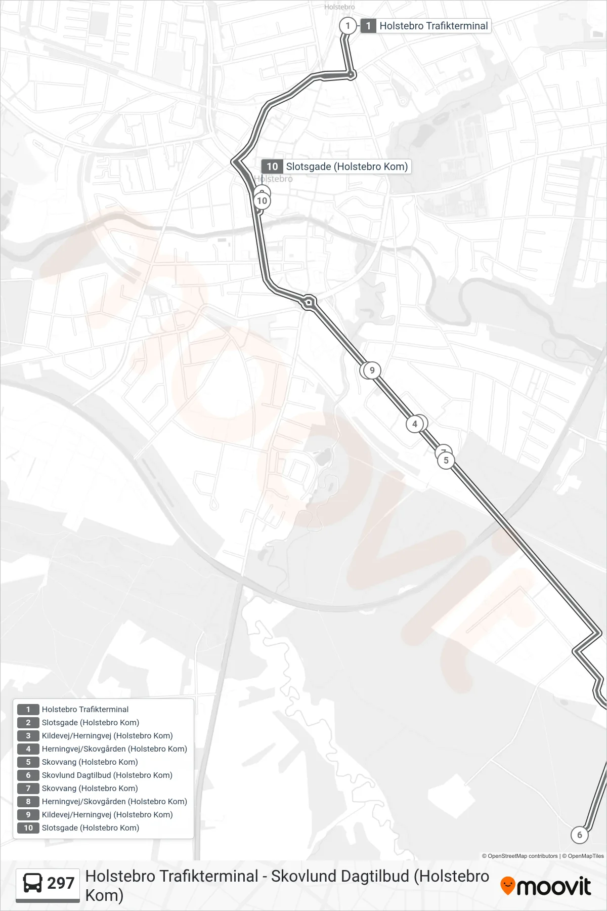 297 bus Linje (Holstebro Trafikterminal) rute og stop på et kort