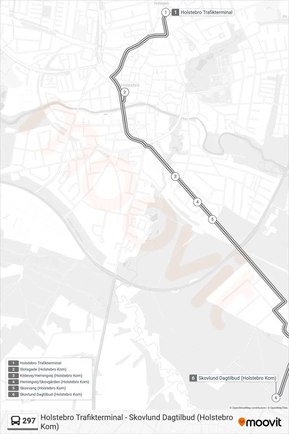 297 bus Linje (Skovlund) rute og stop på et kort
