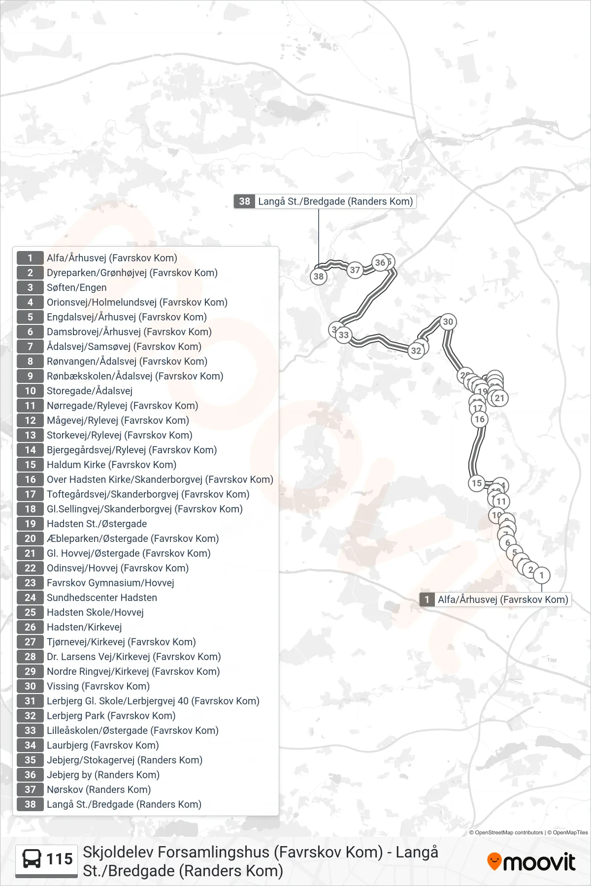 115 bus Linje (Langå St./Bredgade (Randers Kom)) rute og stop på et kort