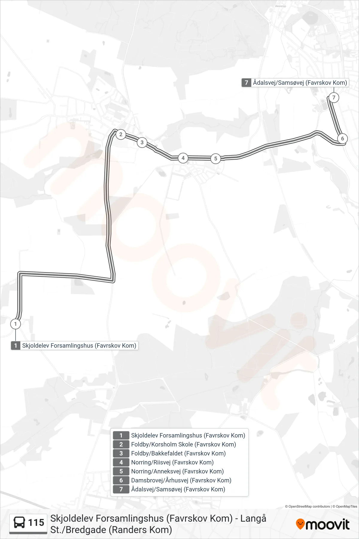 115 bus Linje (Ådalsvej/Samsøvej Hinnerup) rute og stop på et kort