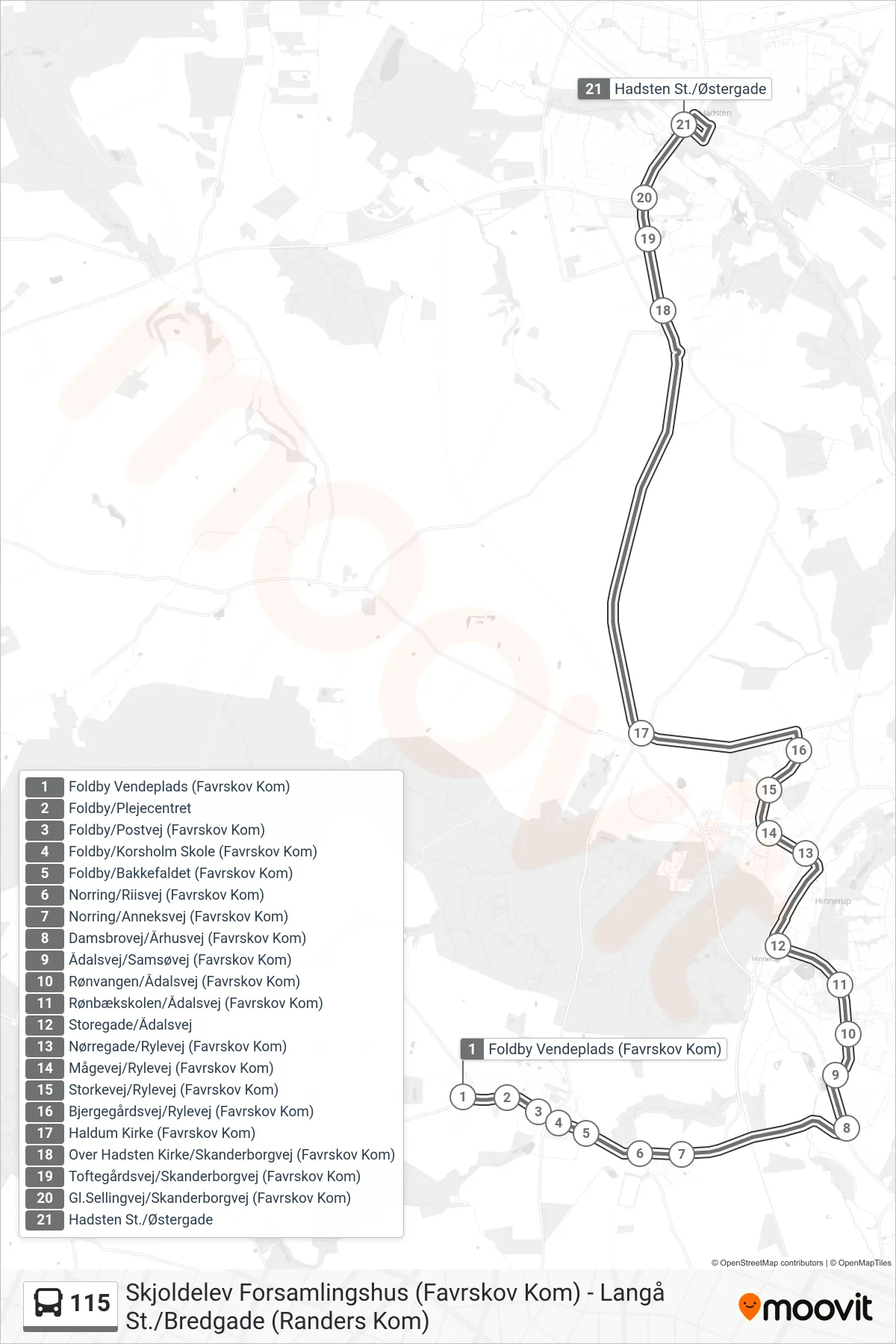 115 bus Linje (Hadsten Station/Østergade) rute og stop på et kort