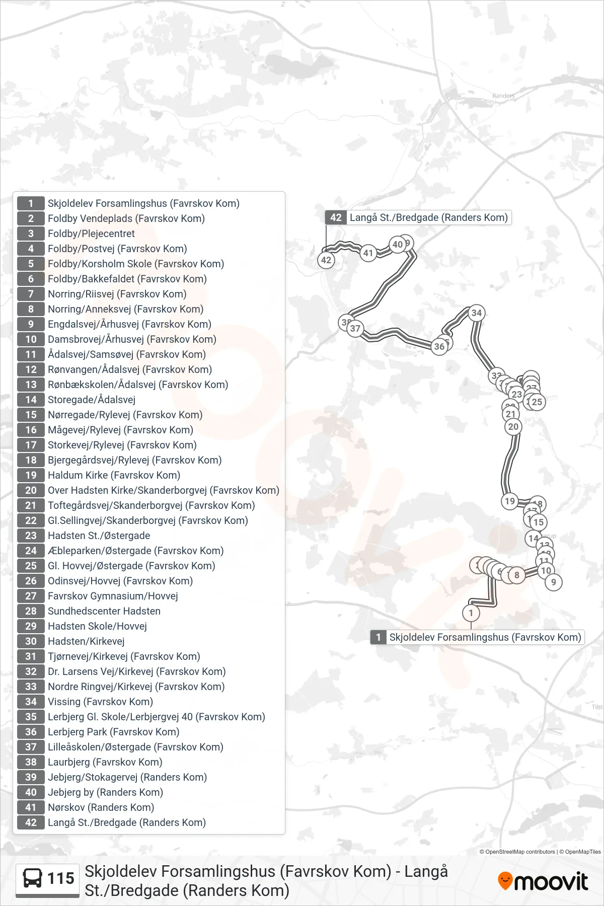 115 bus Linje (Langå Station) rute og stop på et kort