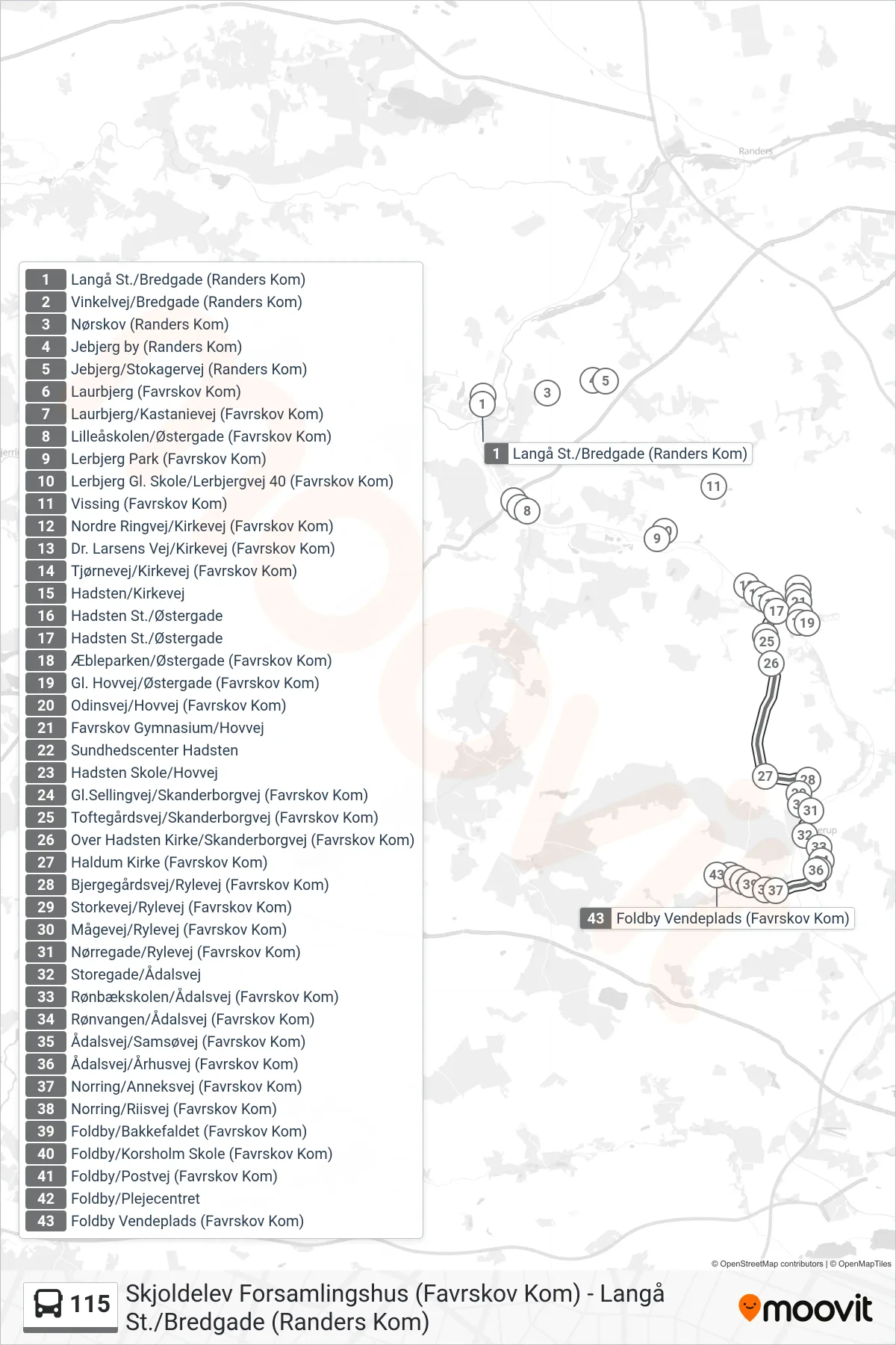 115 bus Linje (Foldby) rute og stop på et kort
