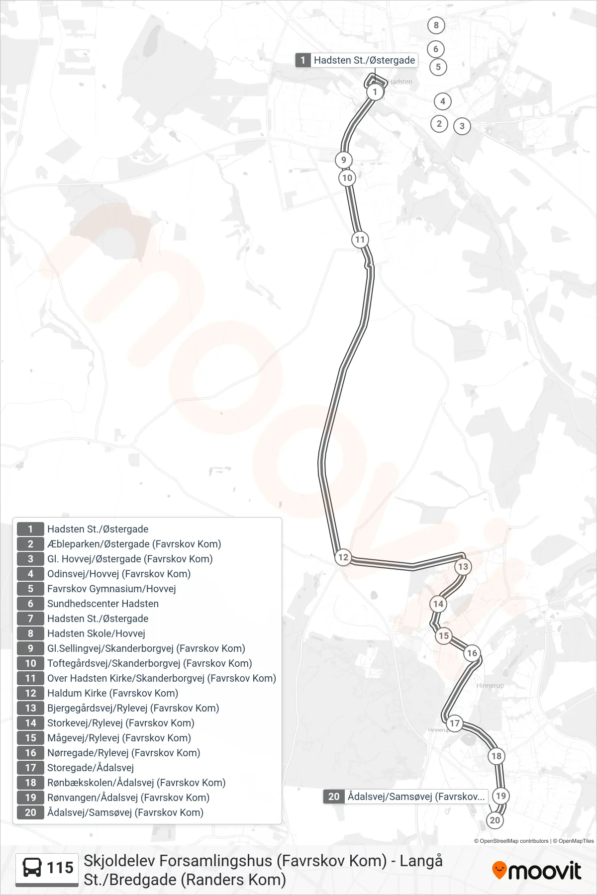 115 bus Linje (Ådalsvej/Samsøvej Hinnerup) rute og stop på et kort
