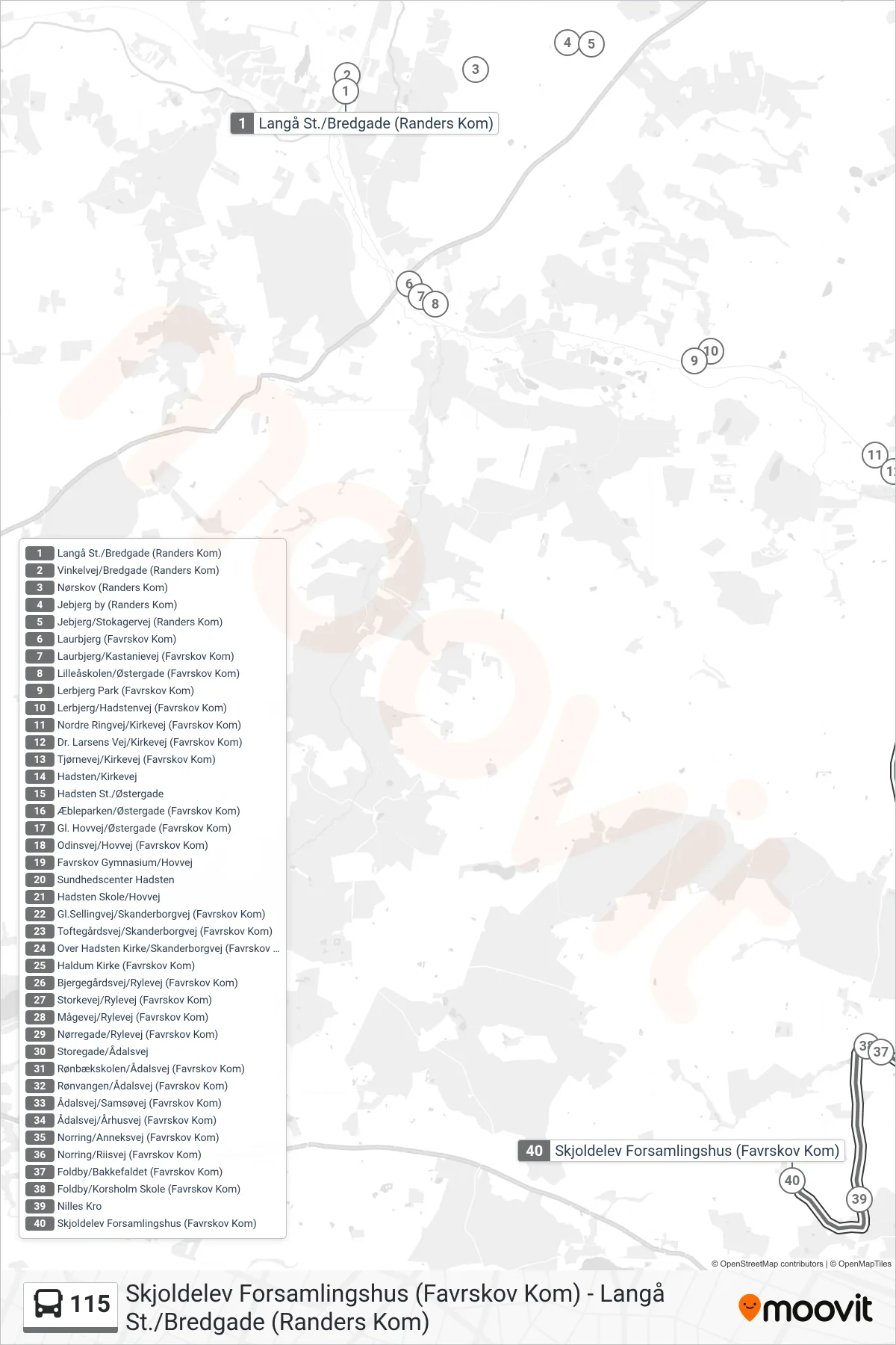 115 bus Linje (Skjoldelev) rute og stop på et kort