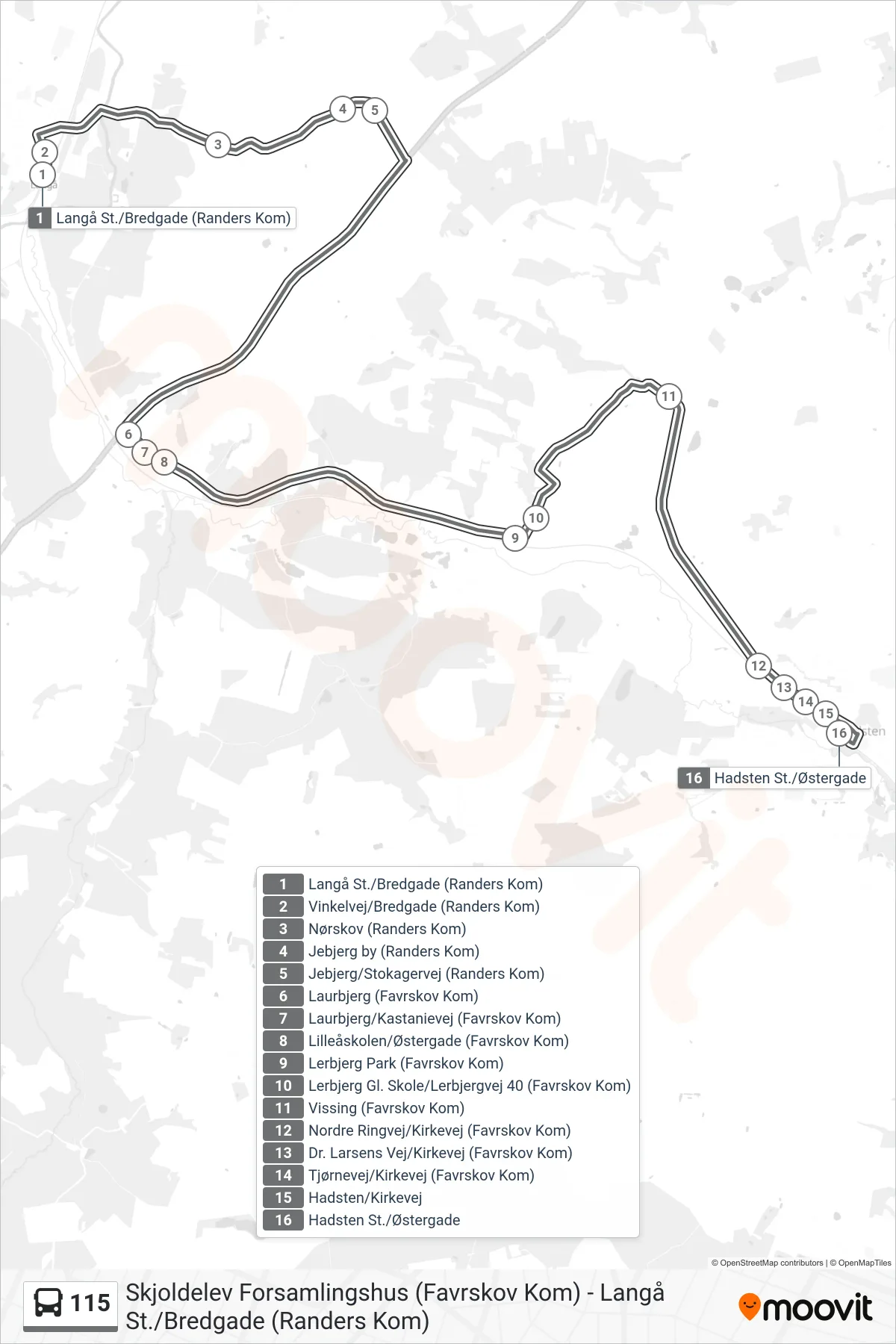 115 bus Line (Hadsten Station/Østergade) route and stops on a map