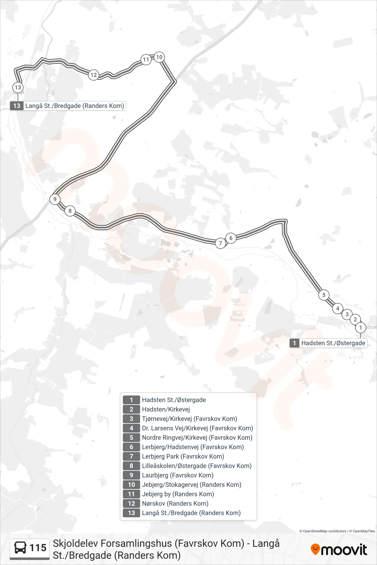 115 bus Line (Langå St.) route and stops on a map