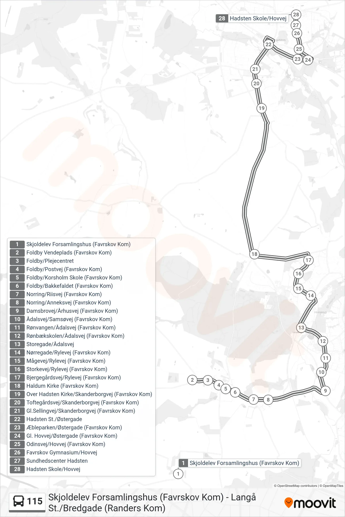 115 bus Linje (Hadsten Skole) rute og stop på et kort