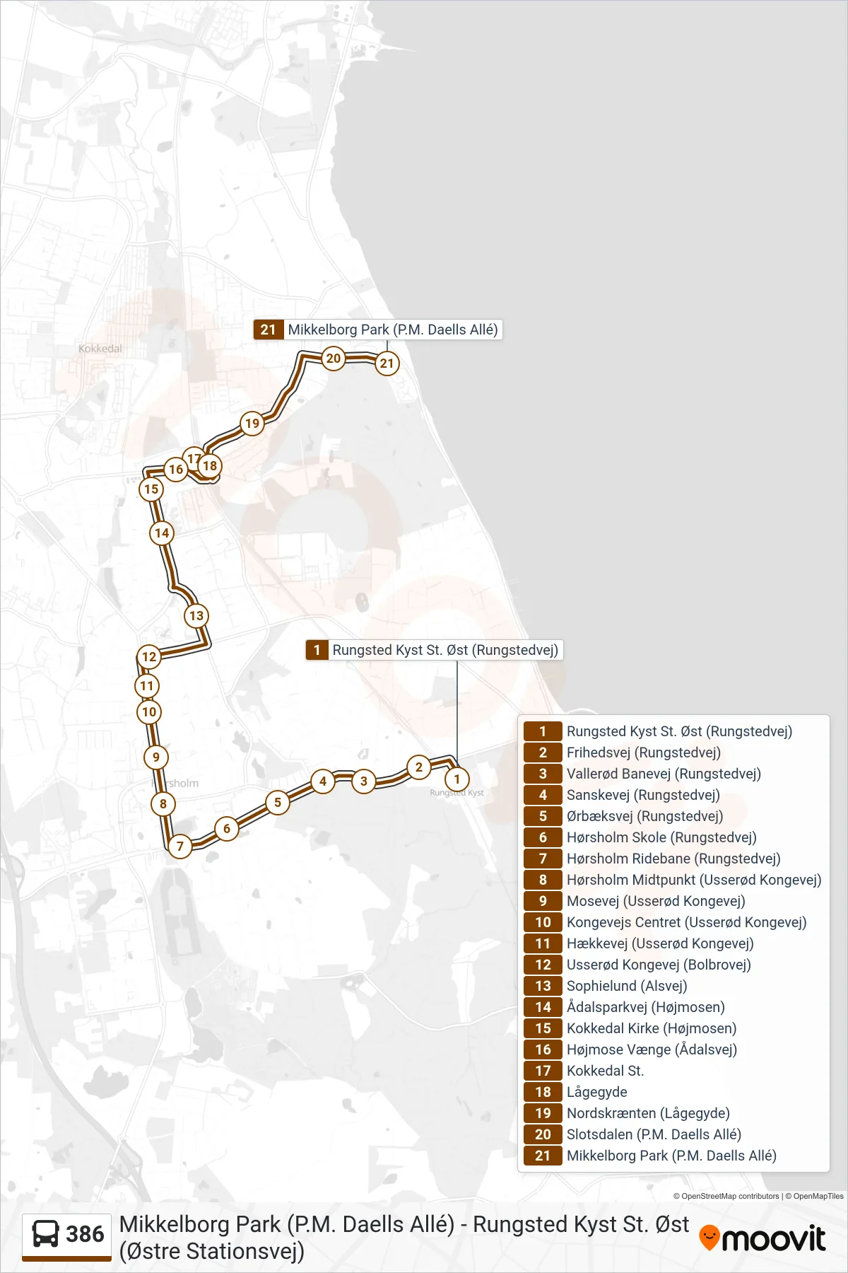 386 bus Linje (Mikkelborg Park) rute og stop på et kort