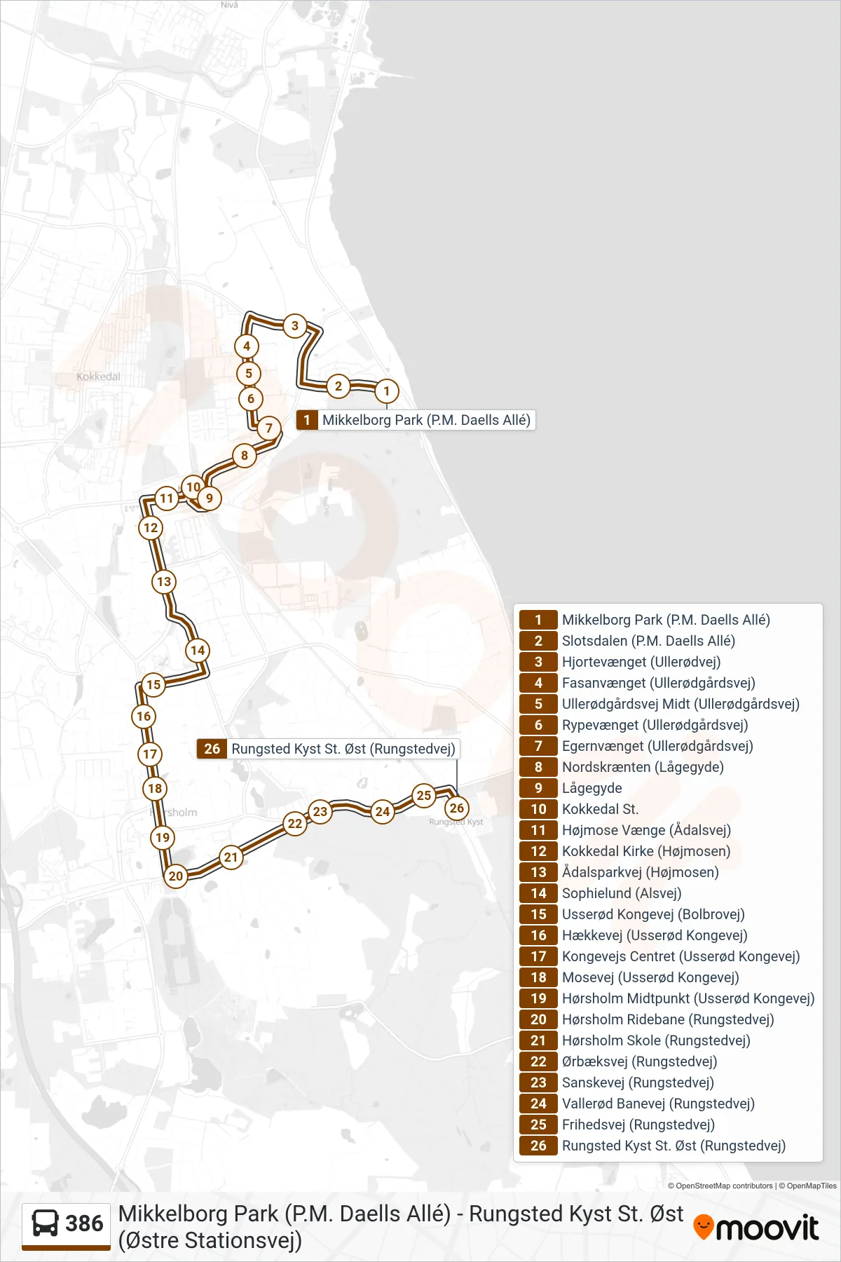 386 bus Linje (Rungsted Kyst St. Øst) rute og stop på et kort