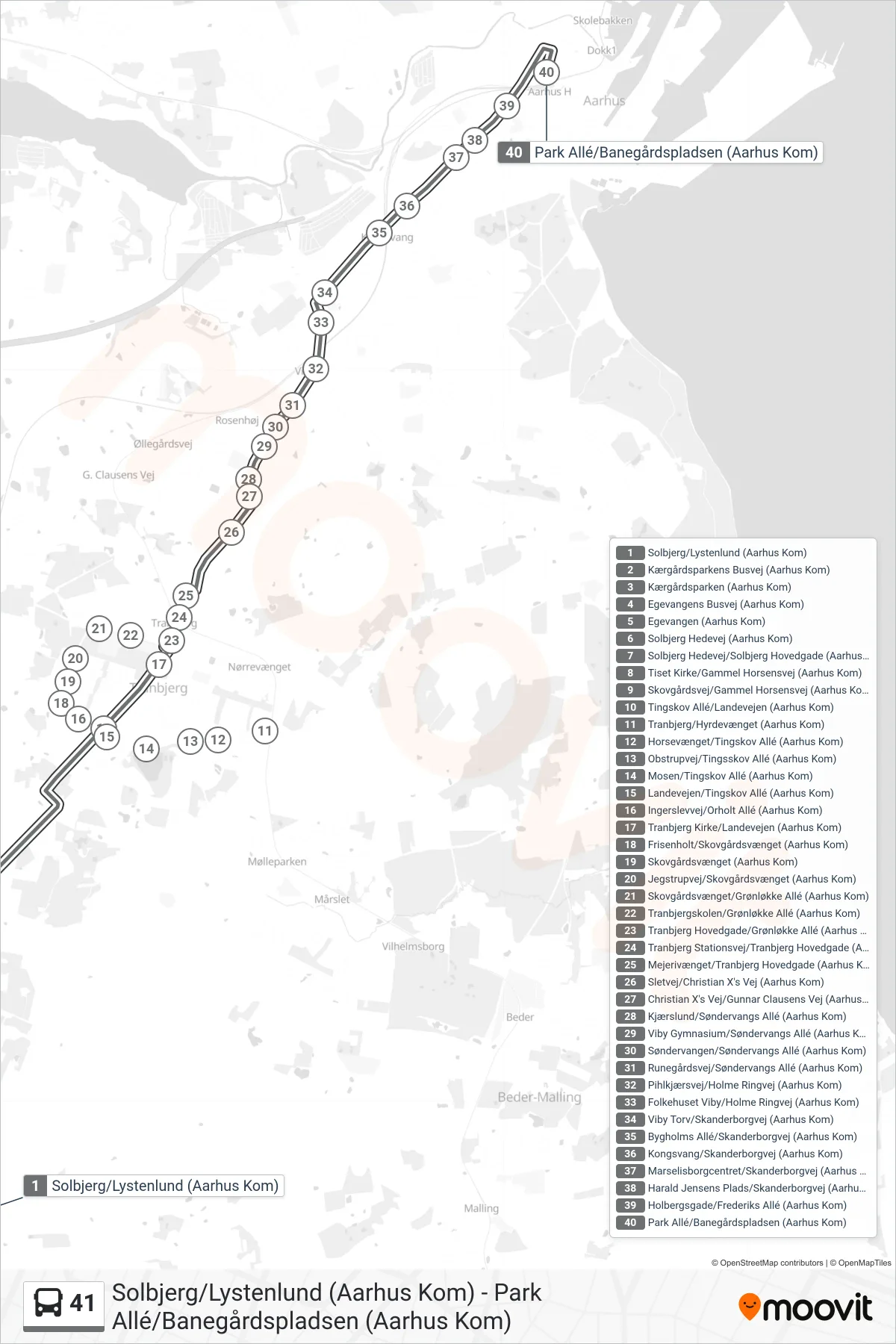 41 bus Line (Natbus Park Allé) route and stops on a map