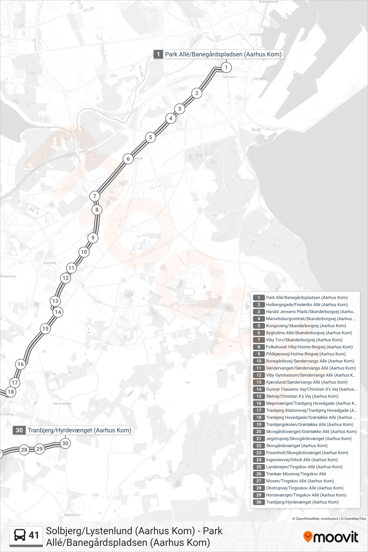 41 bus Linje (Natbus Tranbjerg) rute og stop på et kort