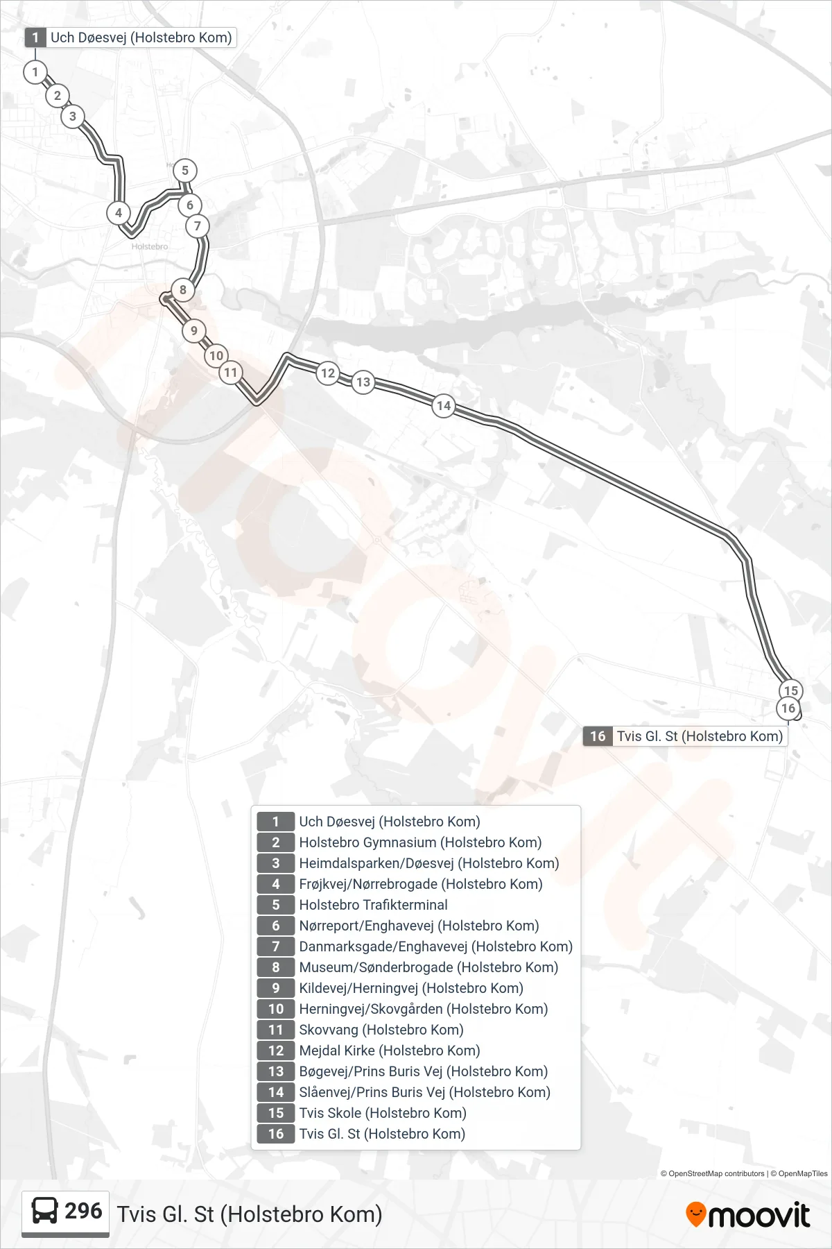 296 bus Linje (Tvis Gl. St (Holstebro Kom)) rute og stop på et kort