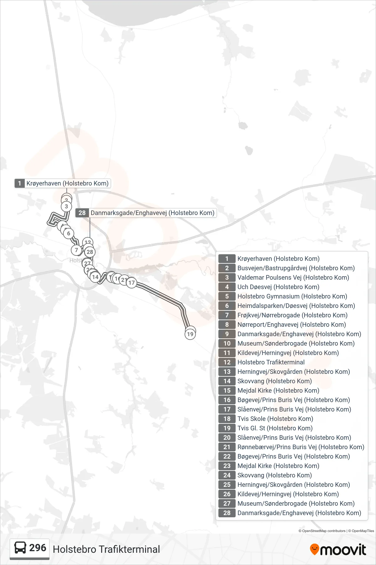 296 bus Linje (Holstebro Trafikterminal) rute og stop på et kort