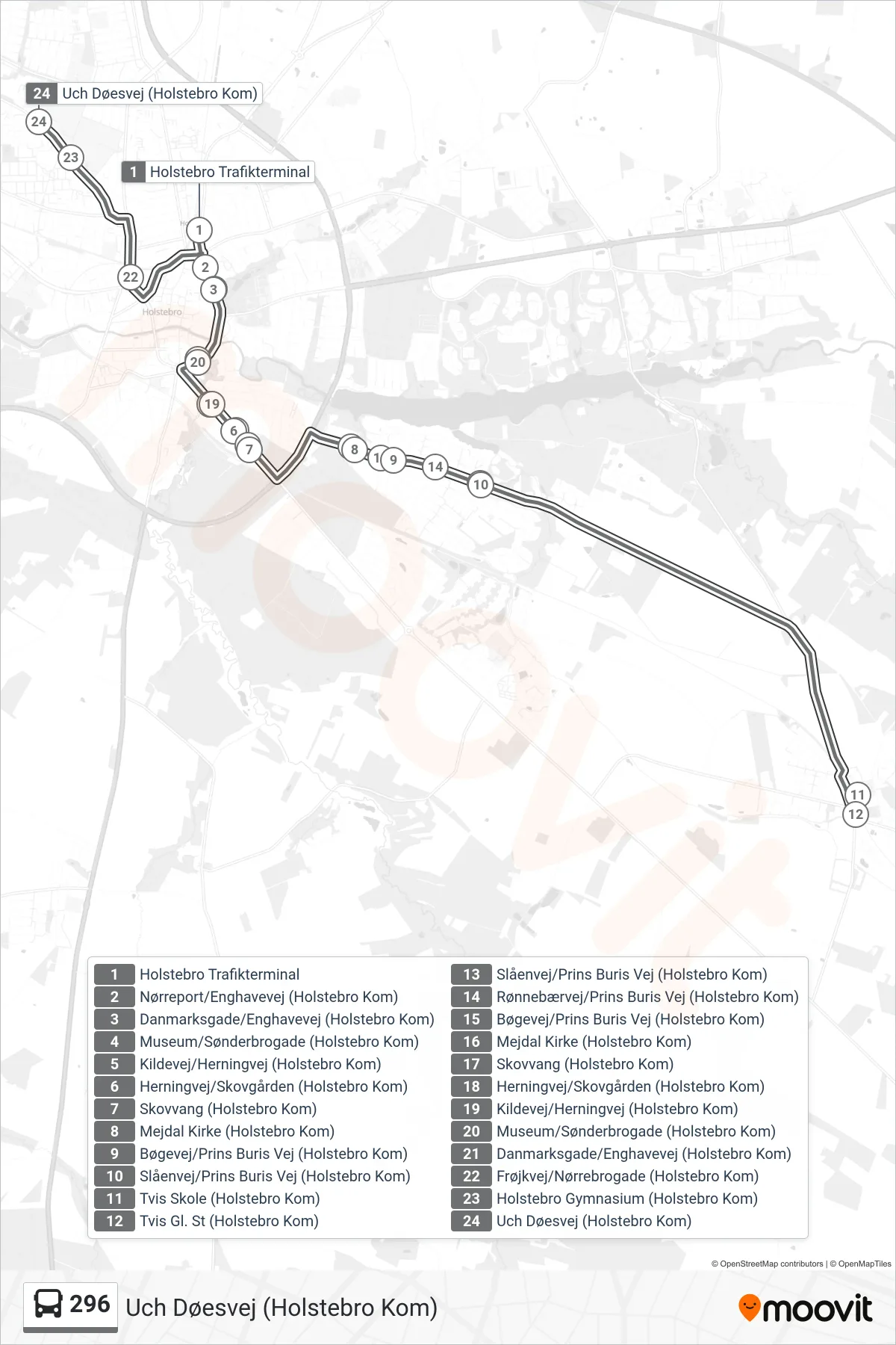 296 bus Linje (Uch Døesvej (Holstebro Kom)) rute og stop på et kort