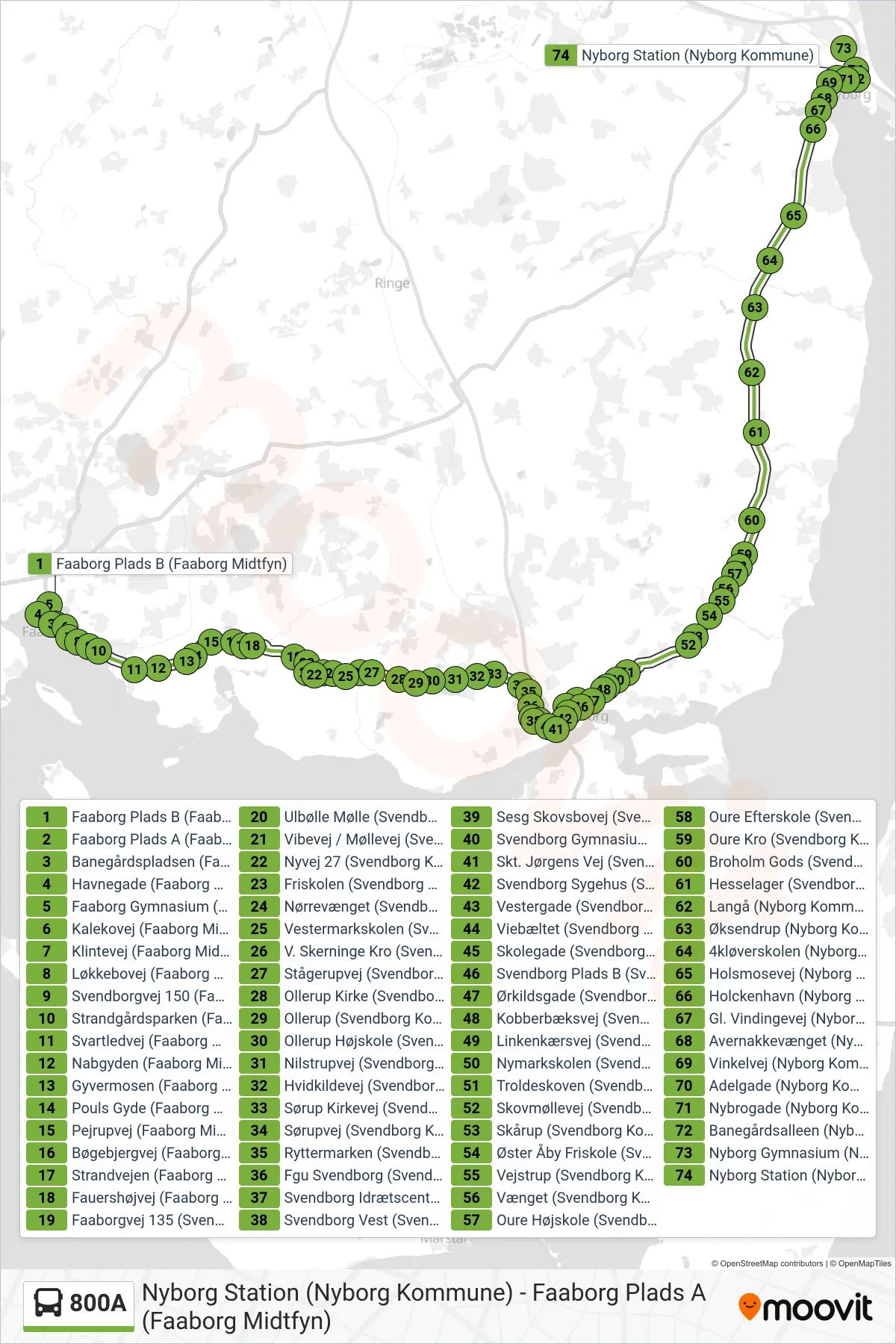 800A bus Linje (Nyborg) rute og stop på et kort