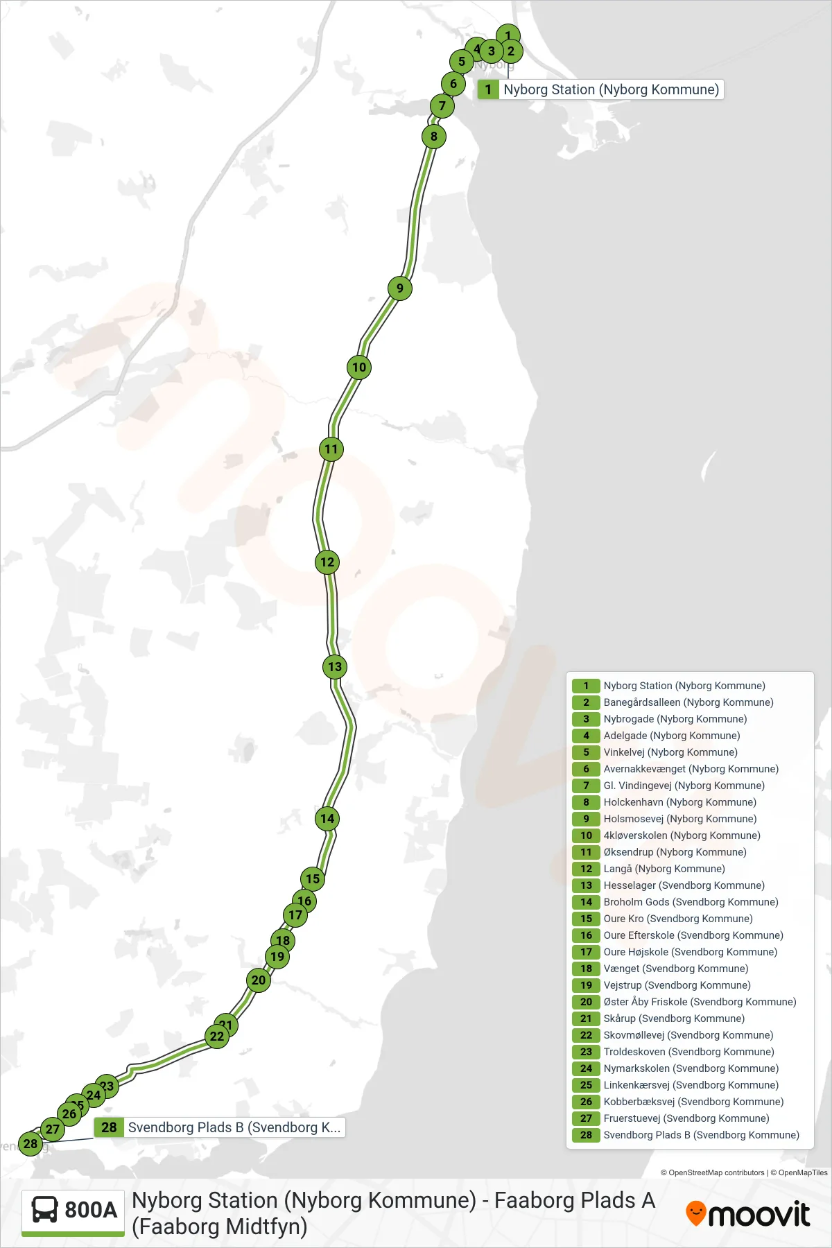 800A bus Linje (Svendborg) rute og stop på et kort