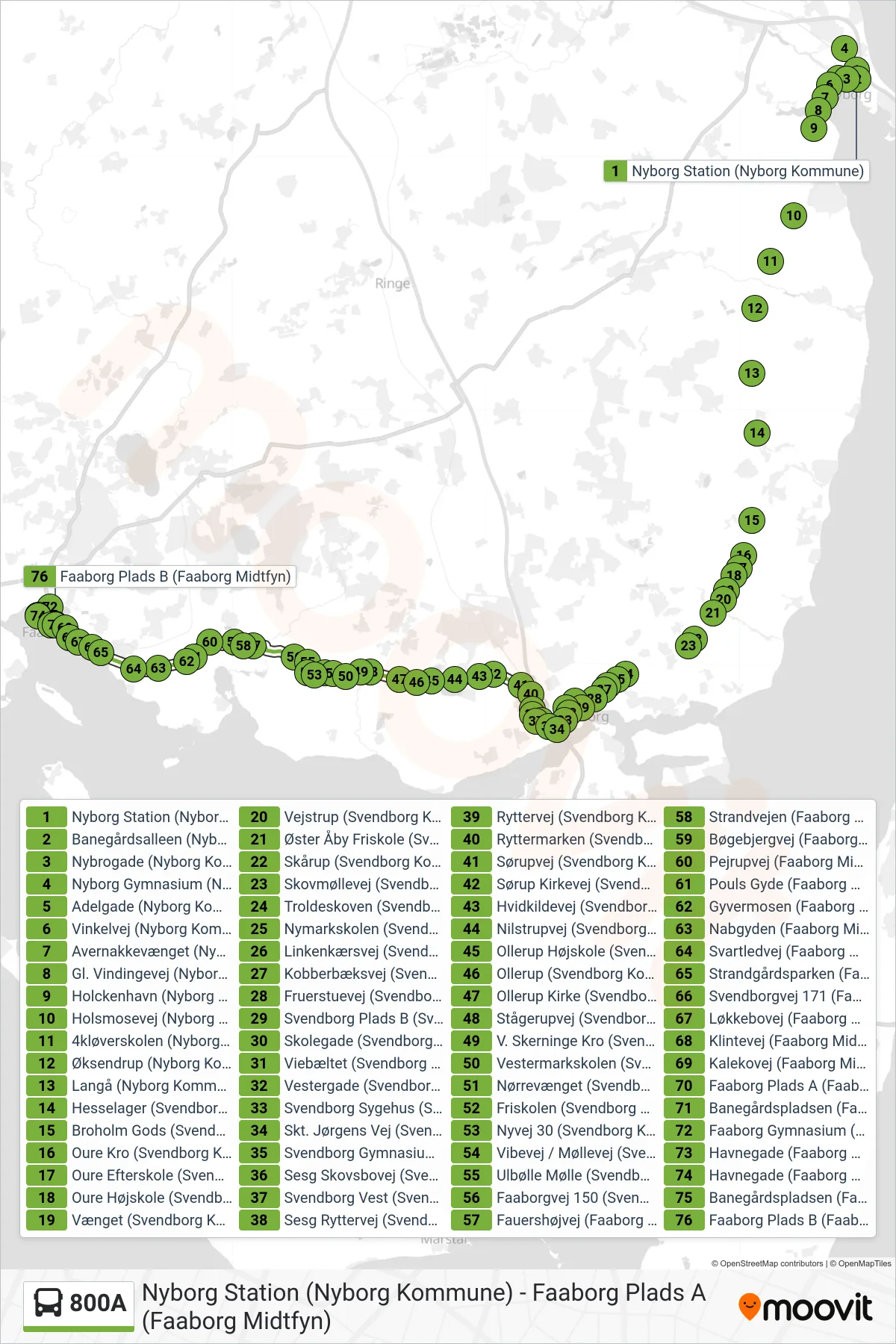 800A bus Linje (Faaborg) rute og stop på et kort