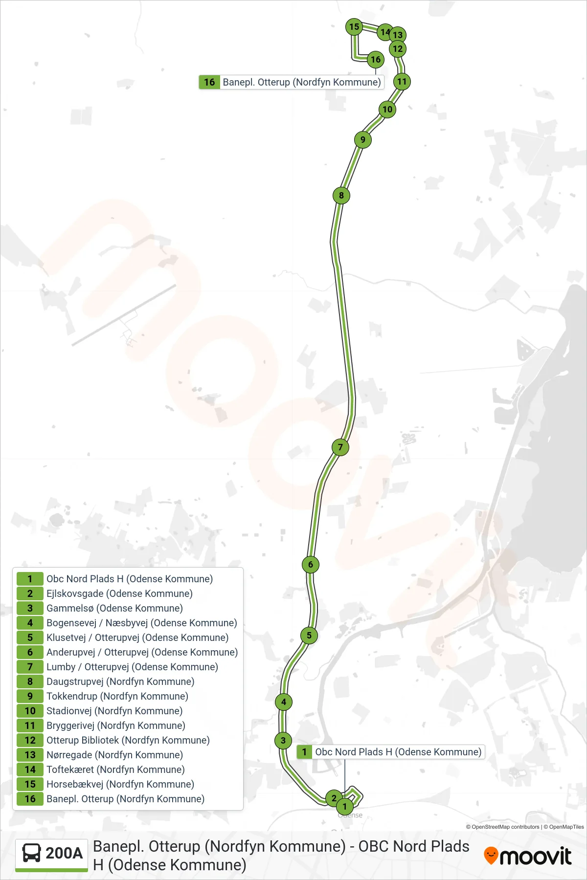 200A bus Linje (Otterup) rute og stop på et kort