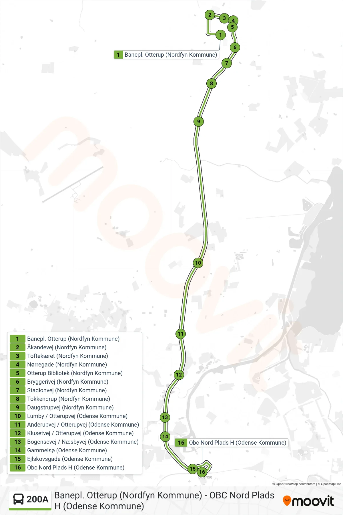 200A bus Linje (Odense) rute og stop på et kort