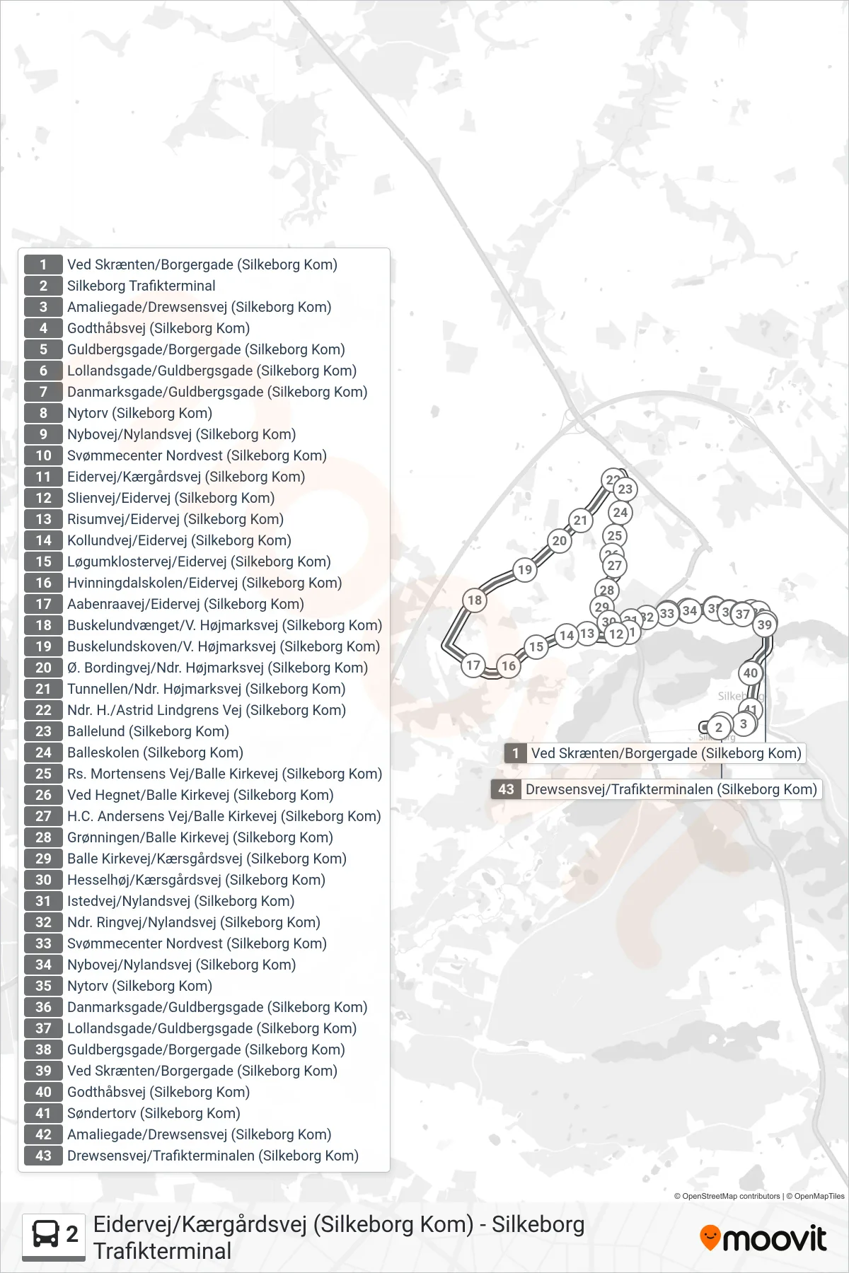2 bus Linje (Silkeborg Trafikterminal) rute og stop på et kort