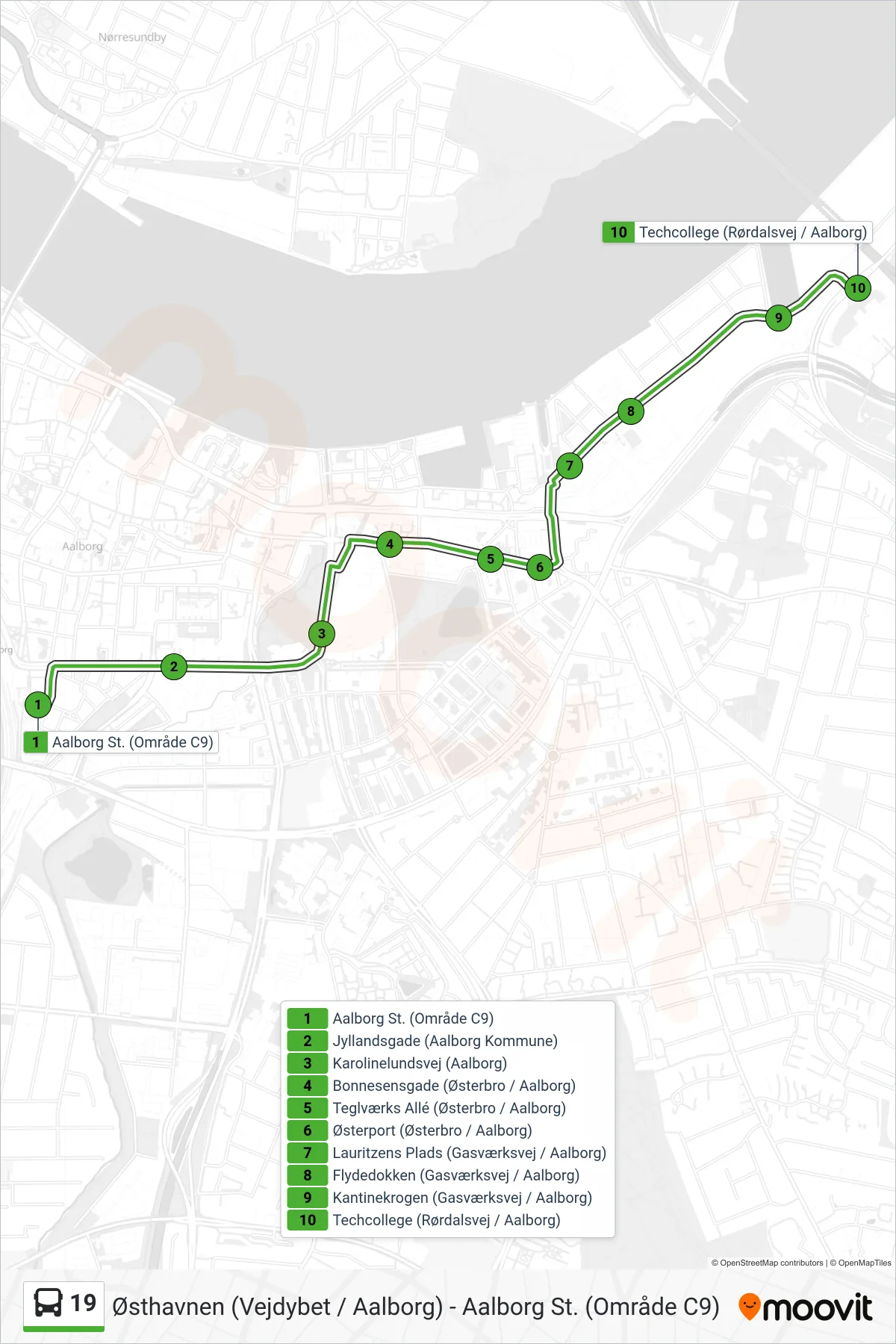 19 bus Linje (Techcollege Rørdalsvej) rute og stop på et kort