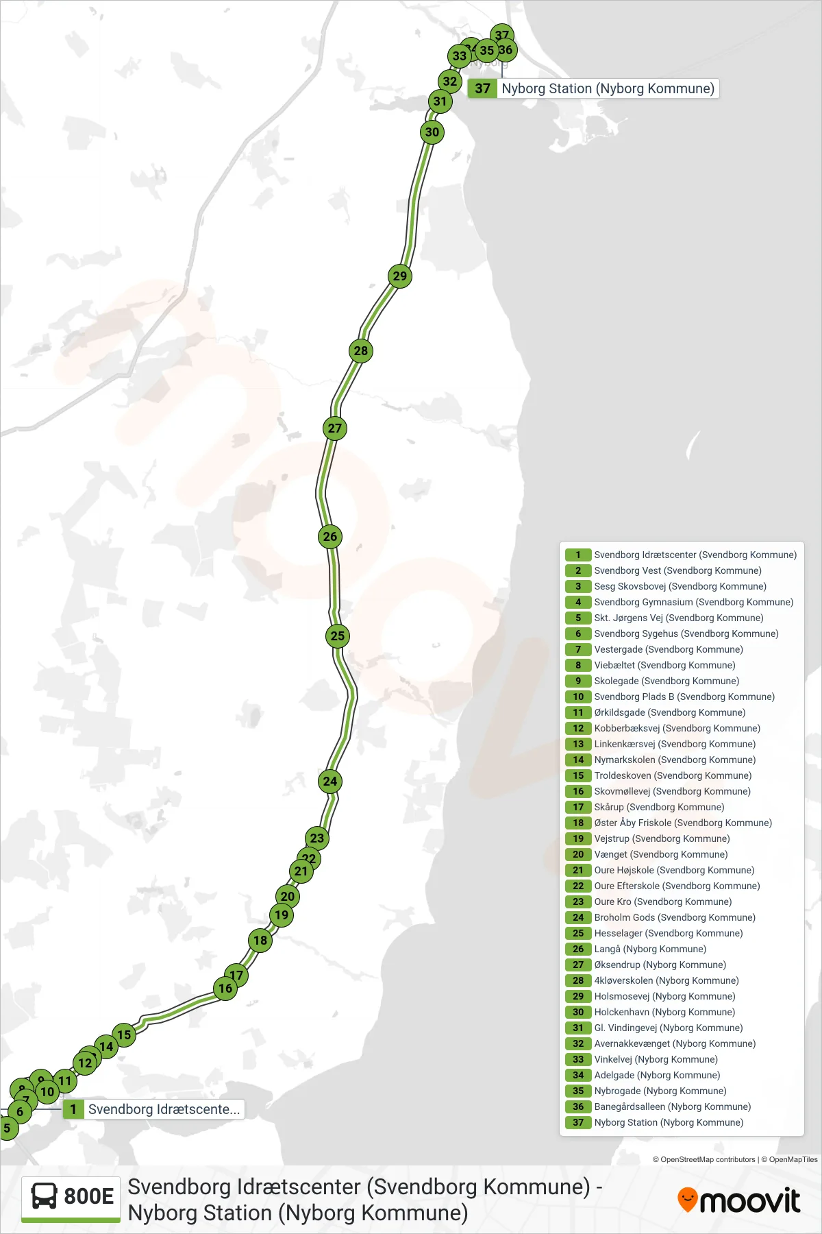800E bus Linje (Nyborg) rute og stop på et kort