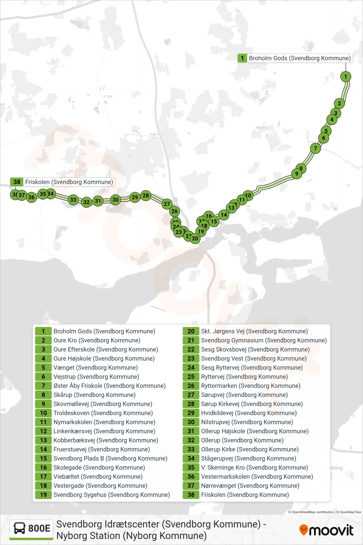 800E bus Linje (Vester Skerninge) rute og stop på et kort