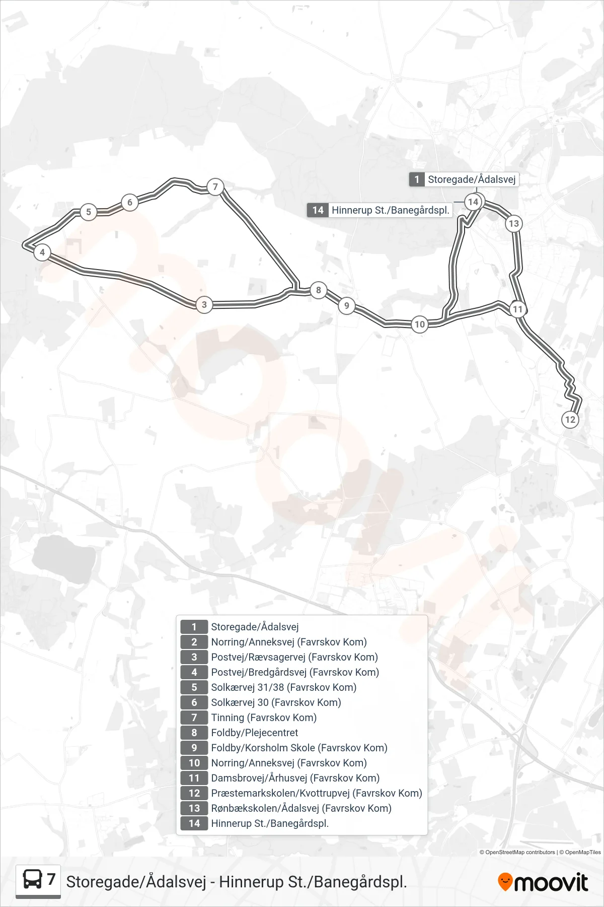 7 bus Linje (Hinnerup St./Banegårdspl.) rute og stop på et kort