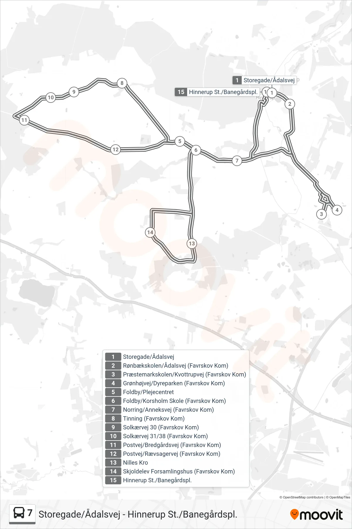 7 bus Linje (Hinnerup St./Banegårdspl.) rute og stop på et kort