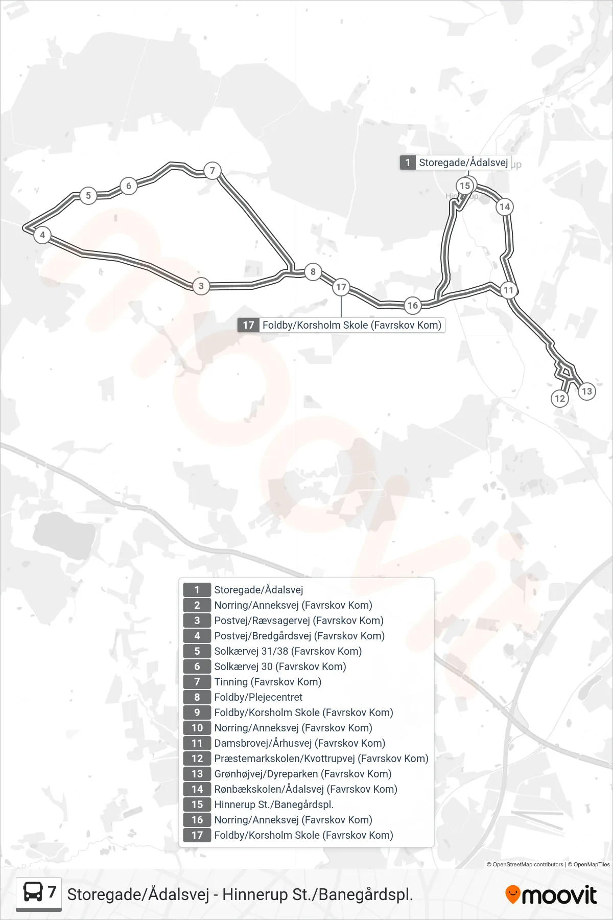 7 bus Linje (Foldby/Korsholm Skole (Favrskov Kom)) rute og stop på et kort