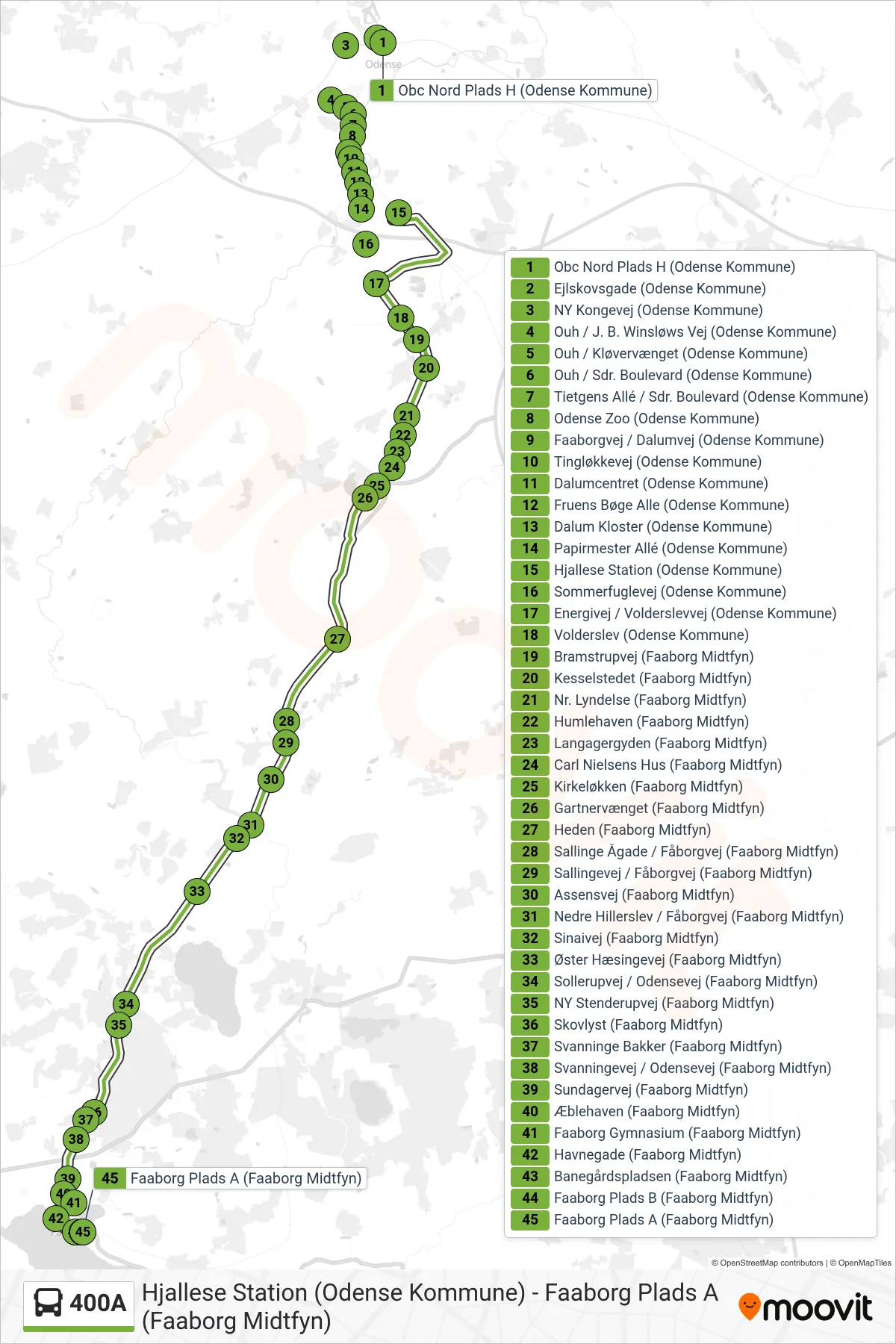 400A bus Linje (Faaborg) rute og stop på et kort