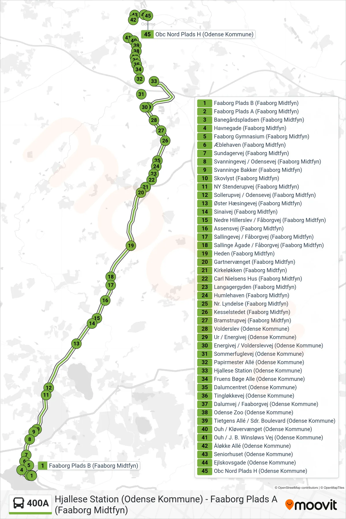 400A bus Linje (Odense) rute og stop på et kort