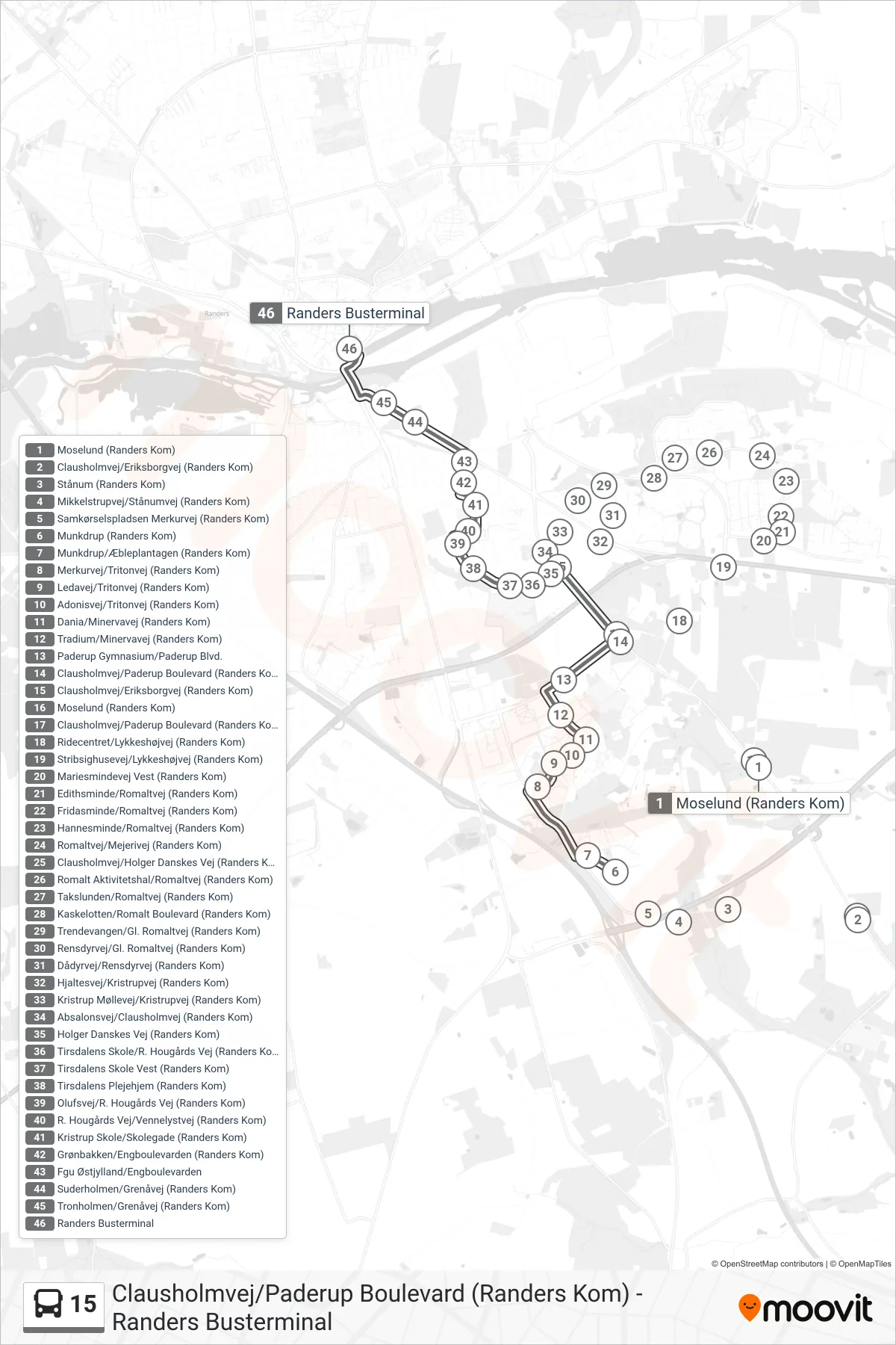 15 bus Linje (Randers Busterminal) rute og stop på et kort