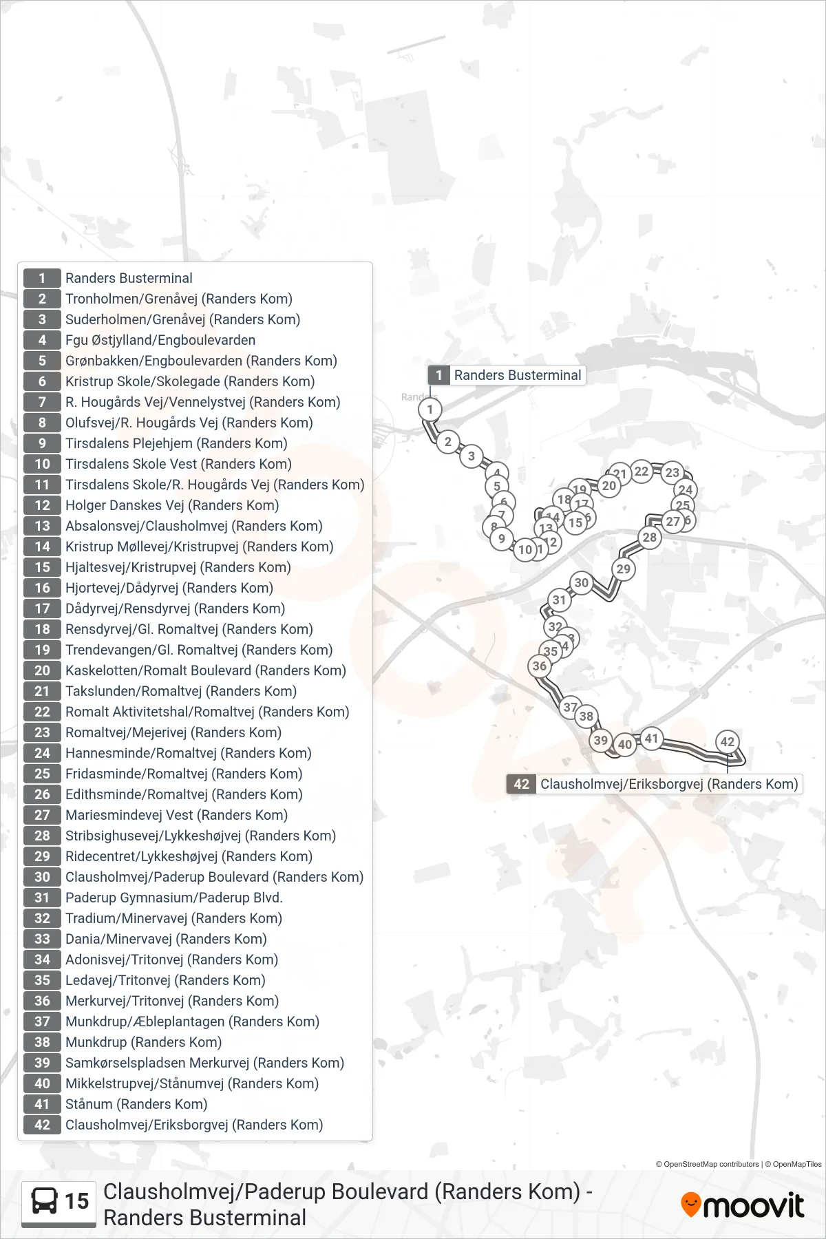 15 bus Linje (Clausholmvej/Eriksborgvej (Randers Kom)) rute og stop på et kort