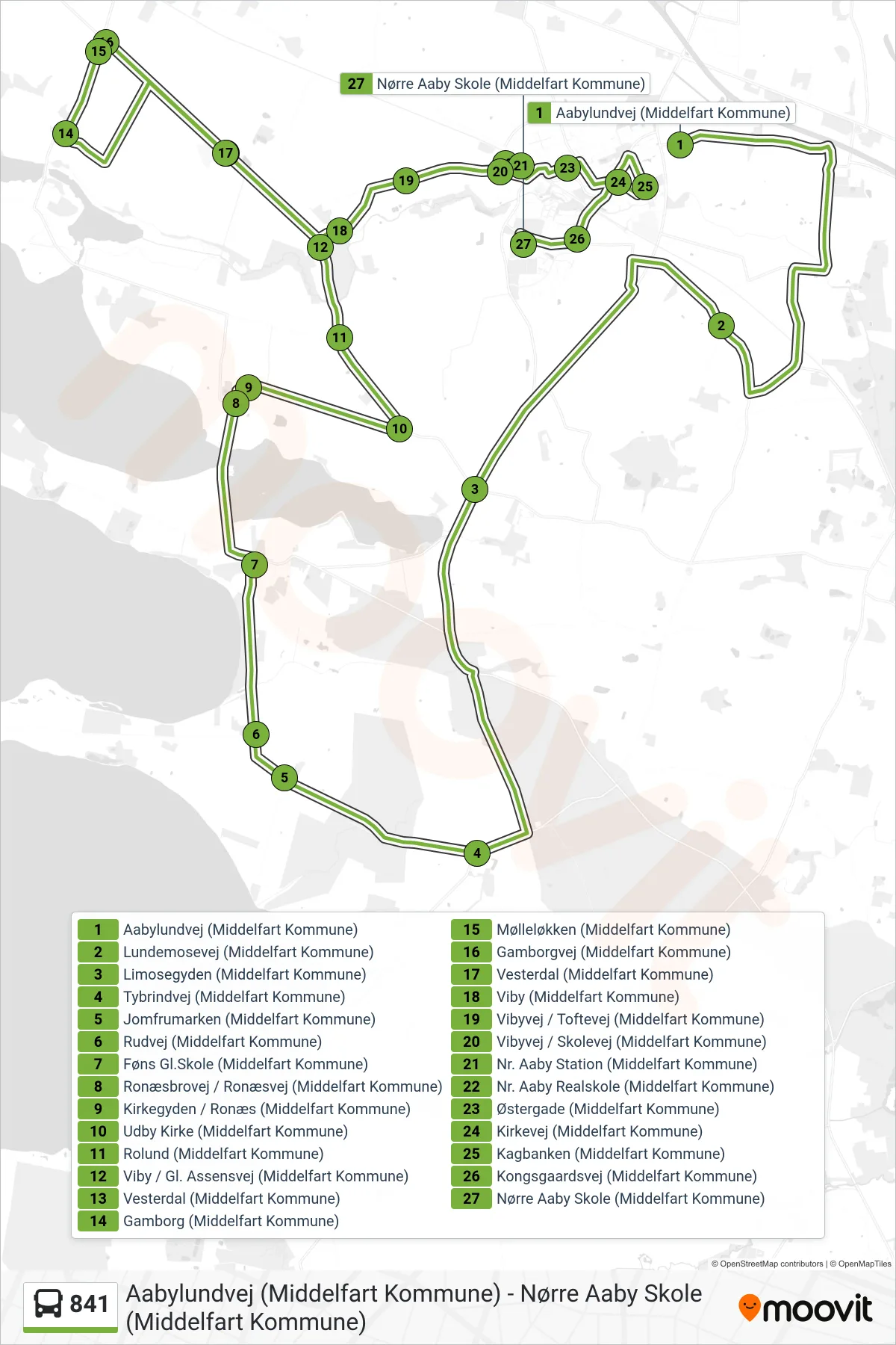 841 bus Linje (Nørre Aaby) rute og stop på et kort