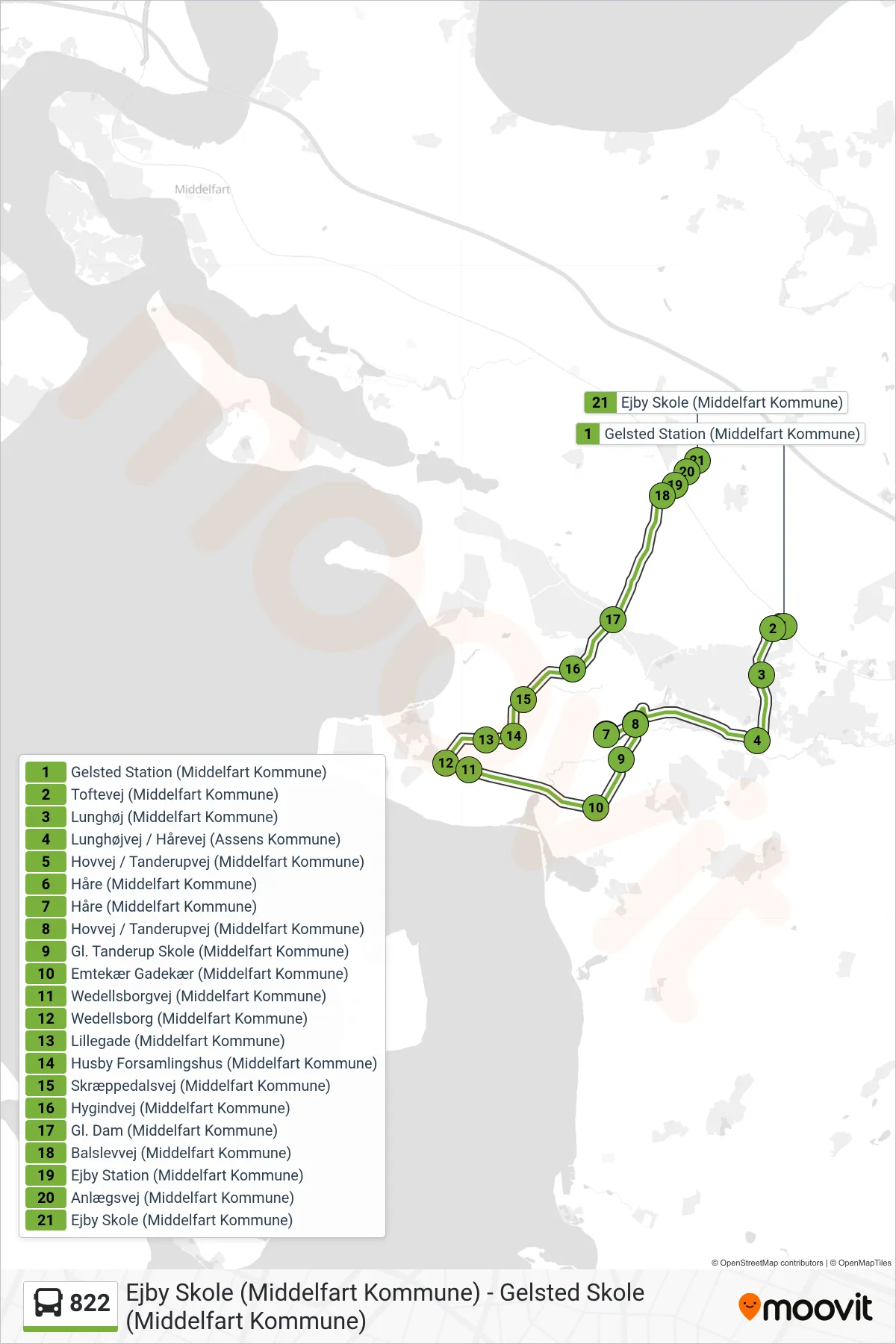 822 bus Linje (Ejby) rute og stop på et kort