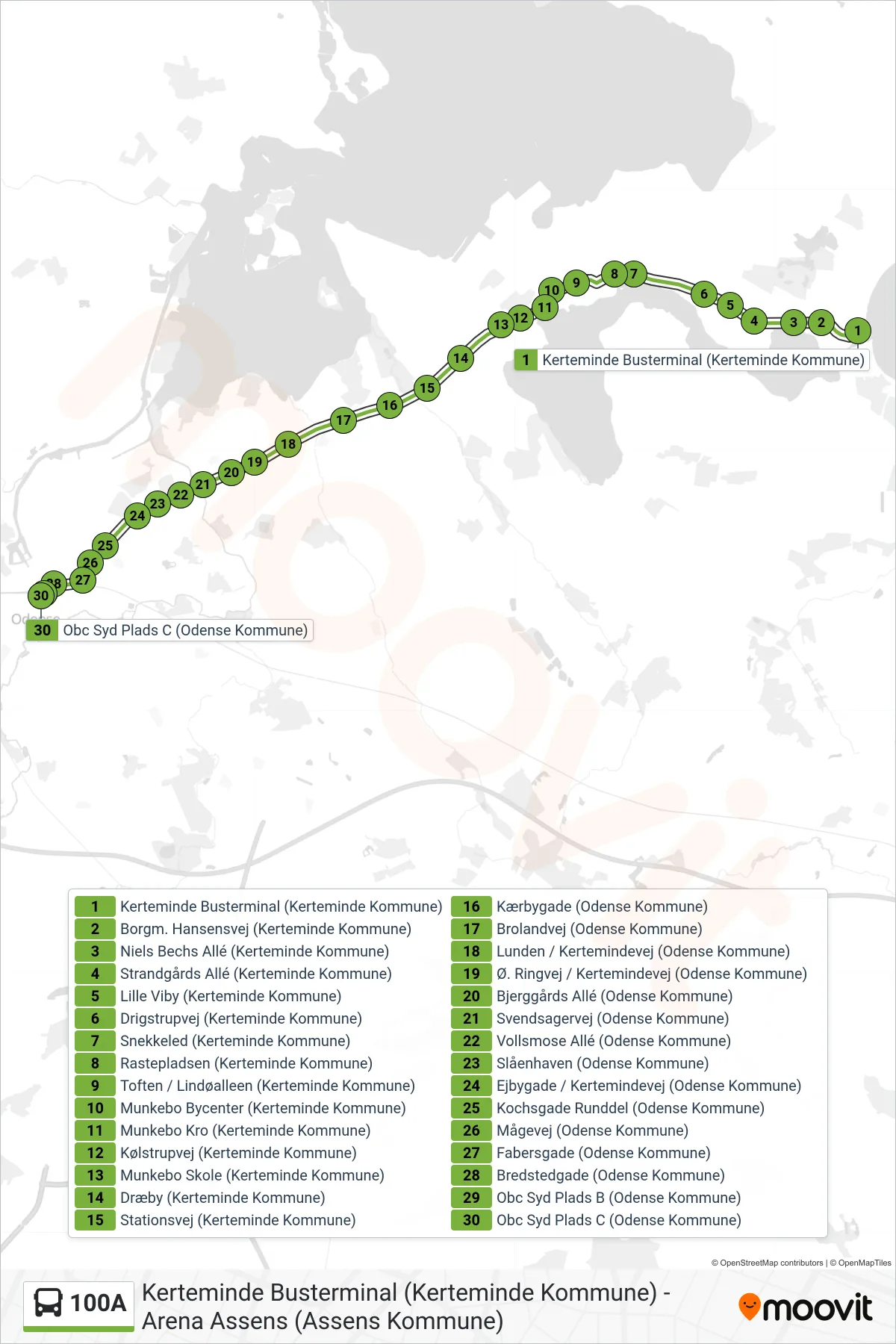 100A bus Linje (Odense) rute og stop på et kort