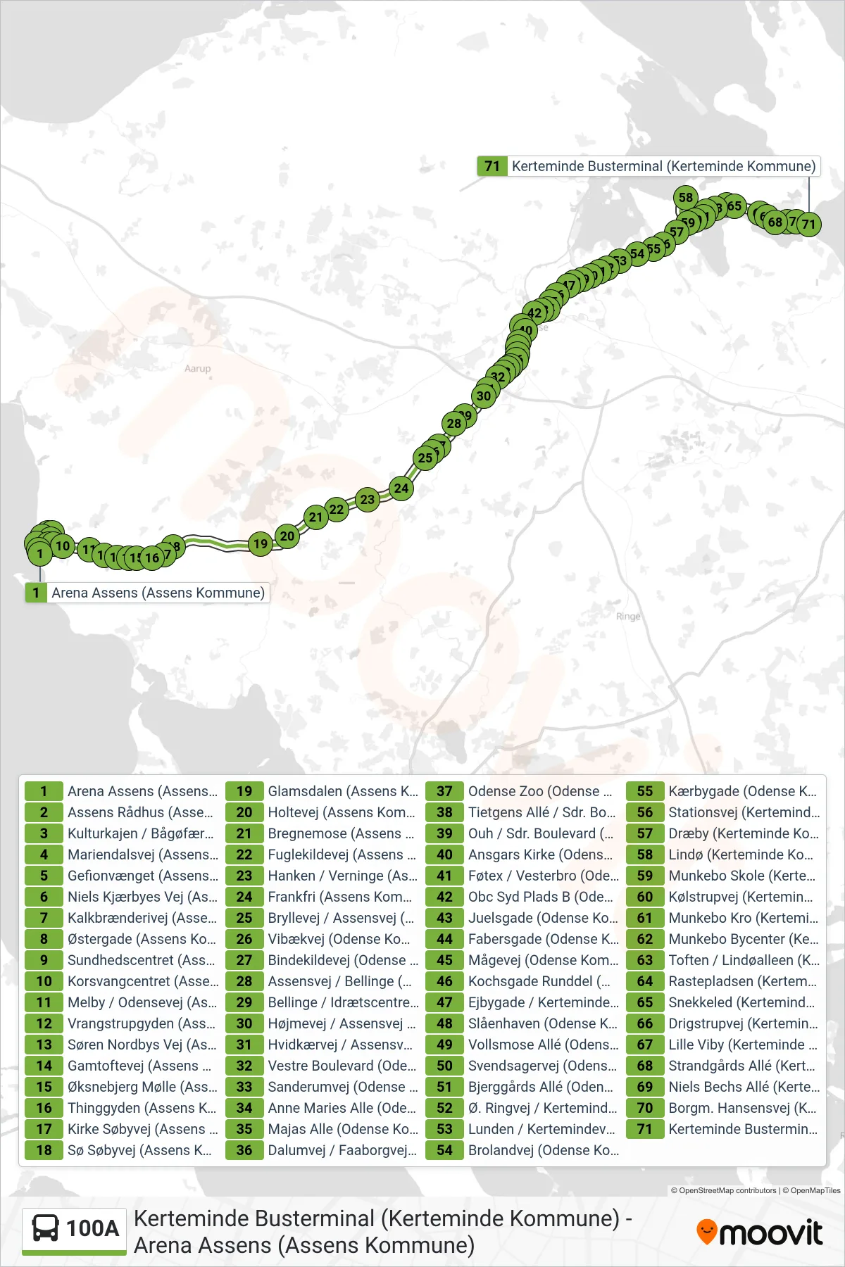 100A bus Linje (Kerteminde) rute og stop på et kort