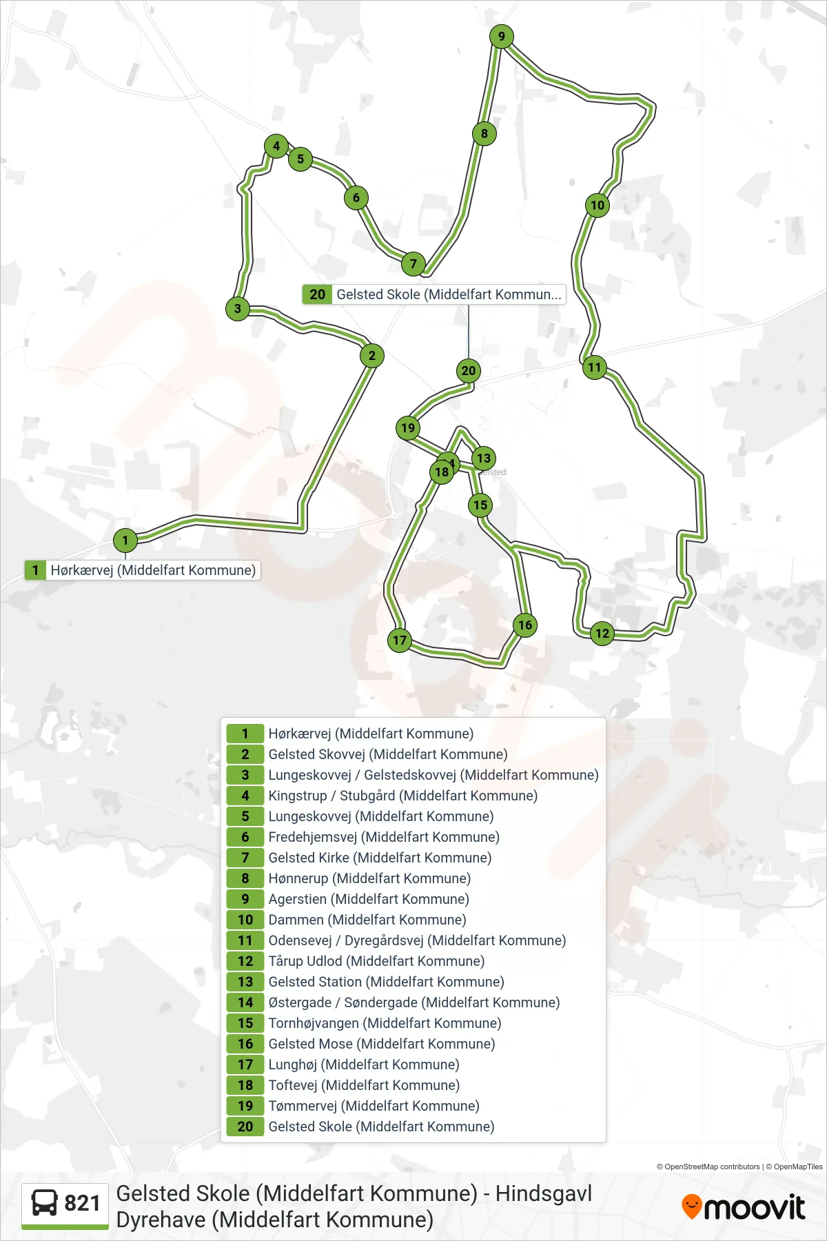 821 bus Linje (Gelsted Ringrute) rute og stop på et kort