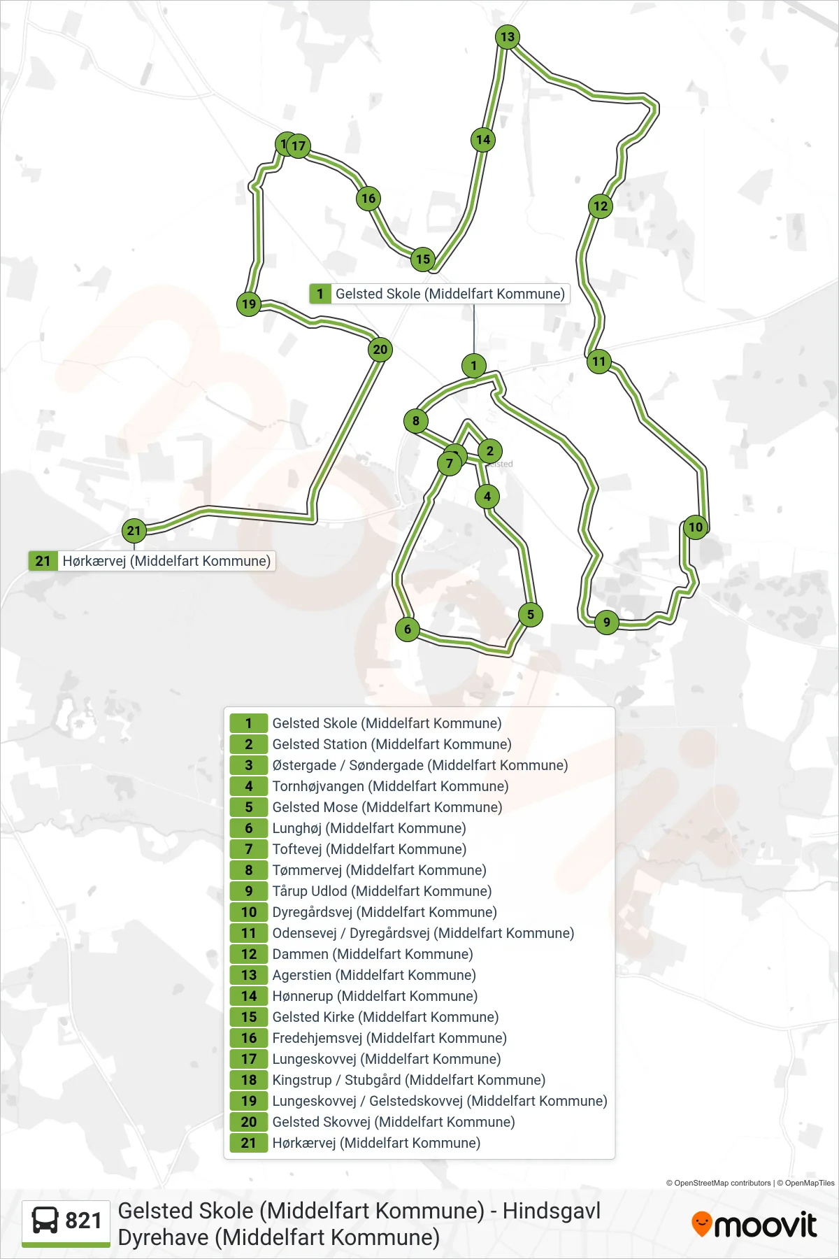 821 bus Linje (Gelsted Ringrute) rute og stop på et kort