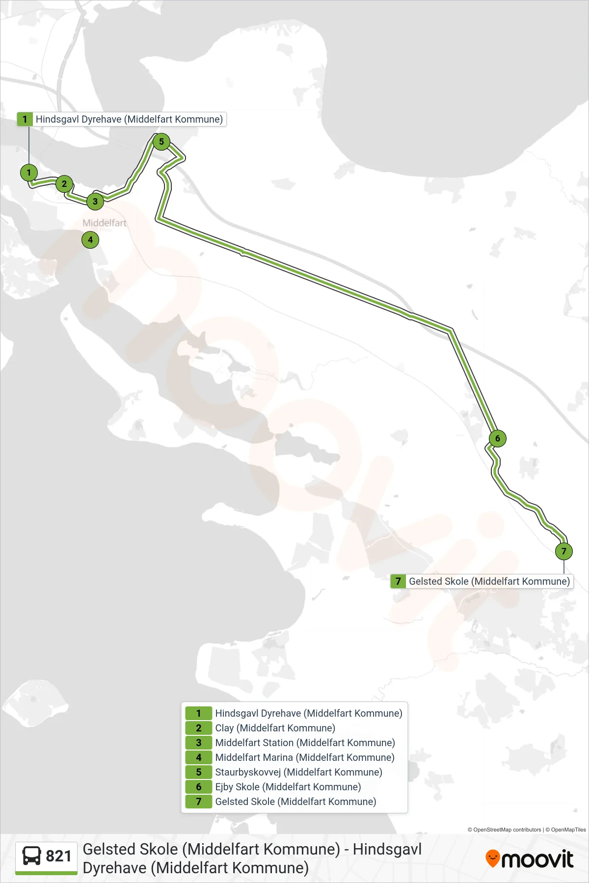 821 bus Linje (Gelsted) rute og stop på et kort