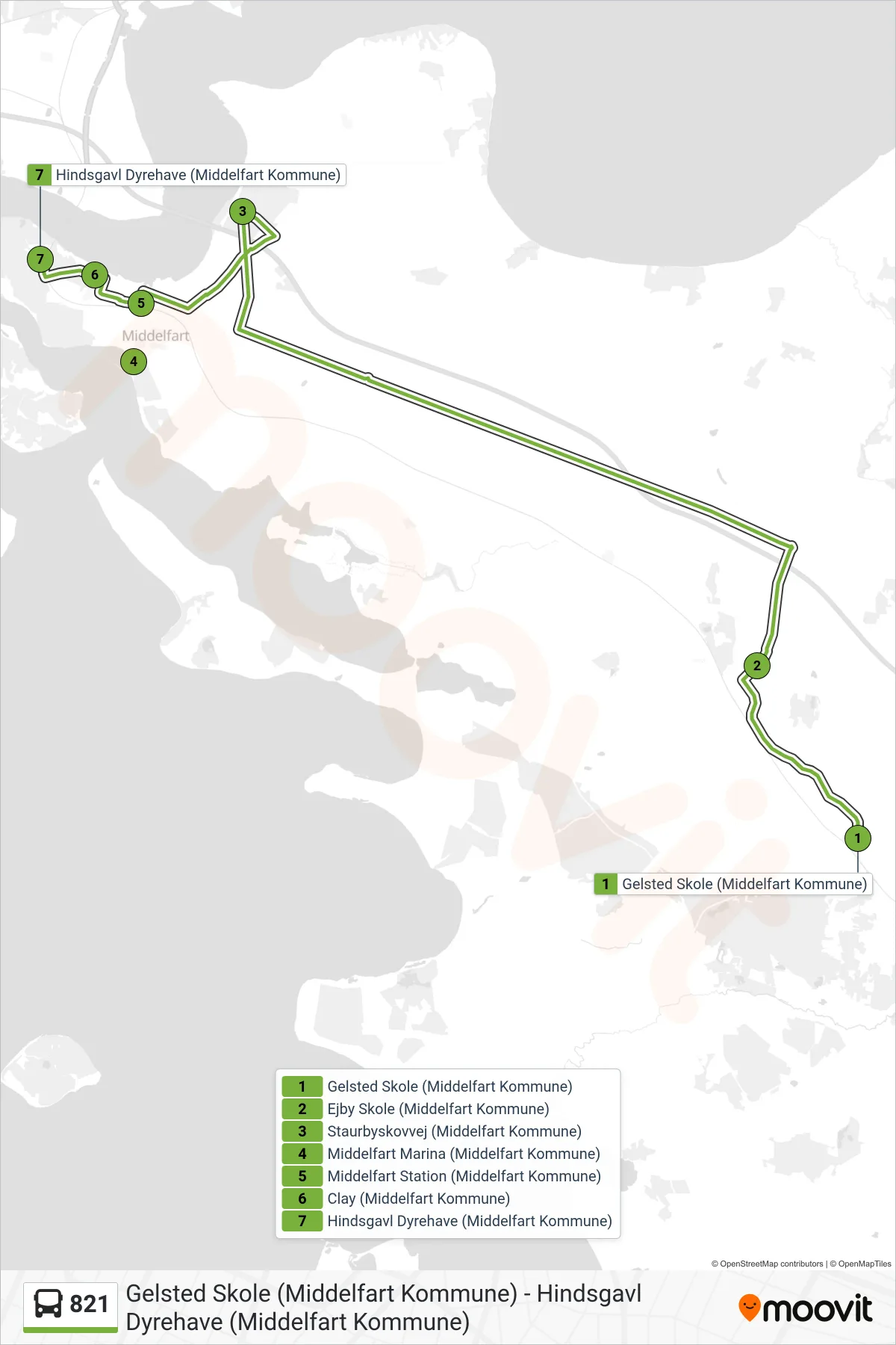 821 bus Linje (Hindsgavl Dyrehave) rute og stop på et kort
