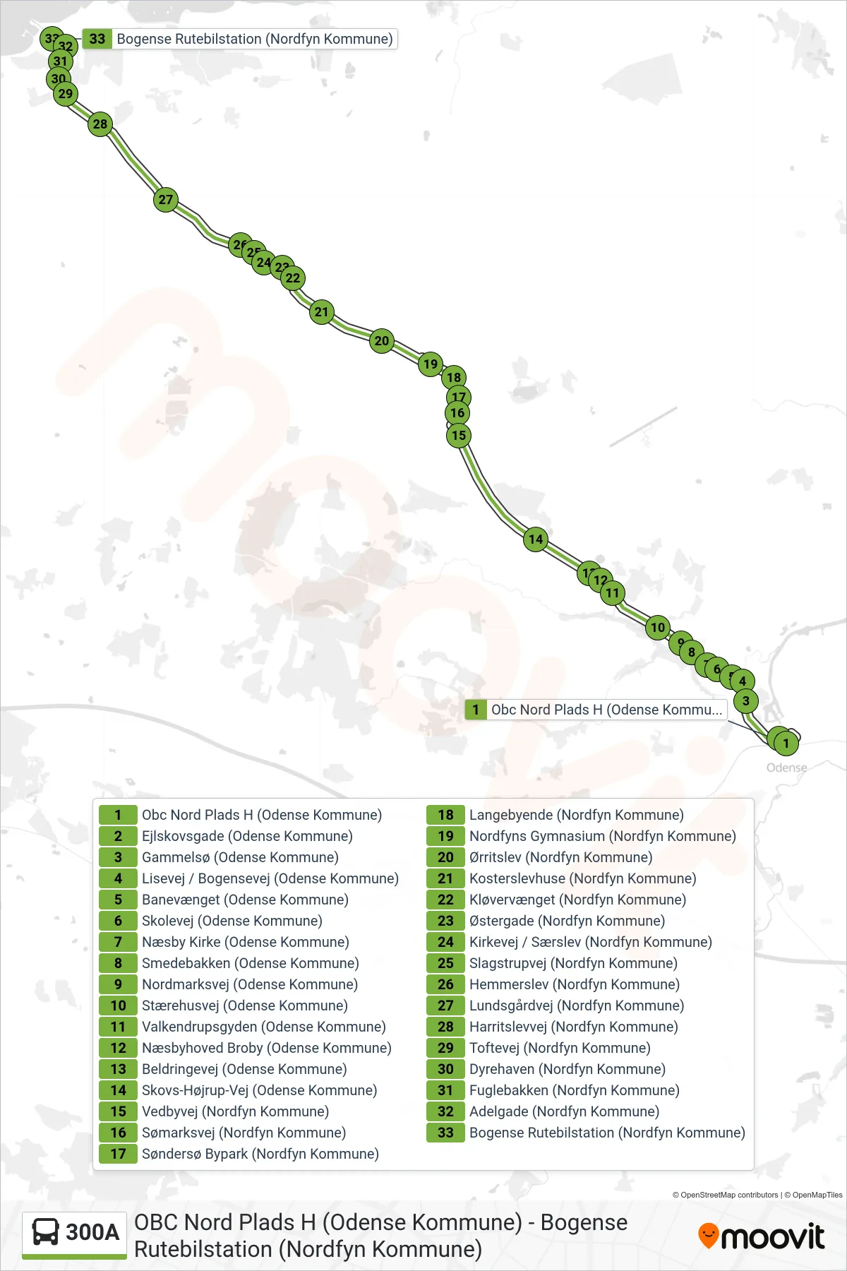 300A bus Linje (Bogense) rute og stop på et kort