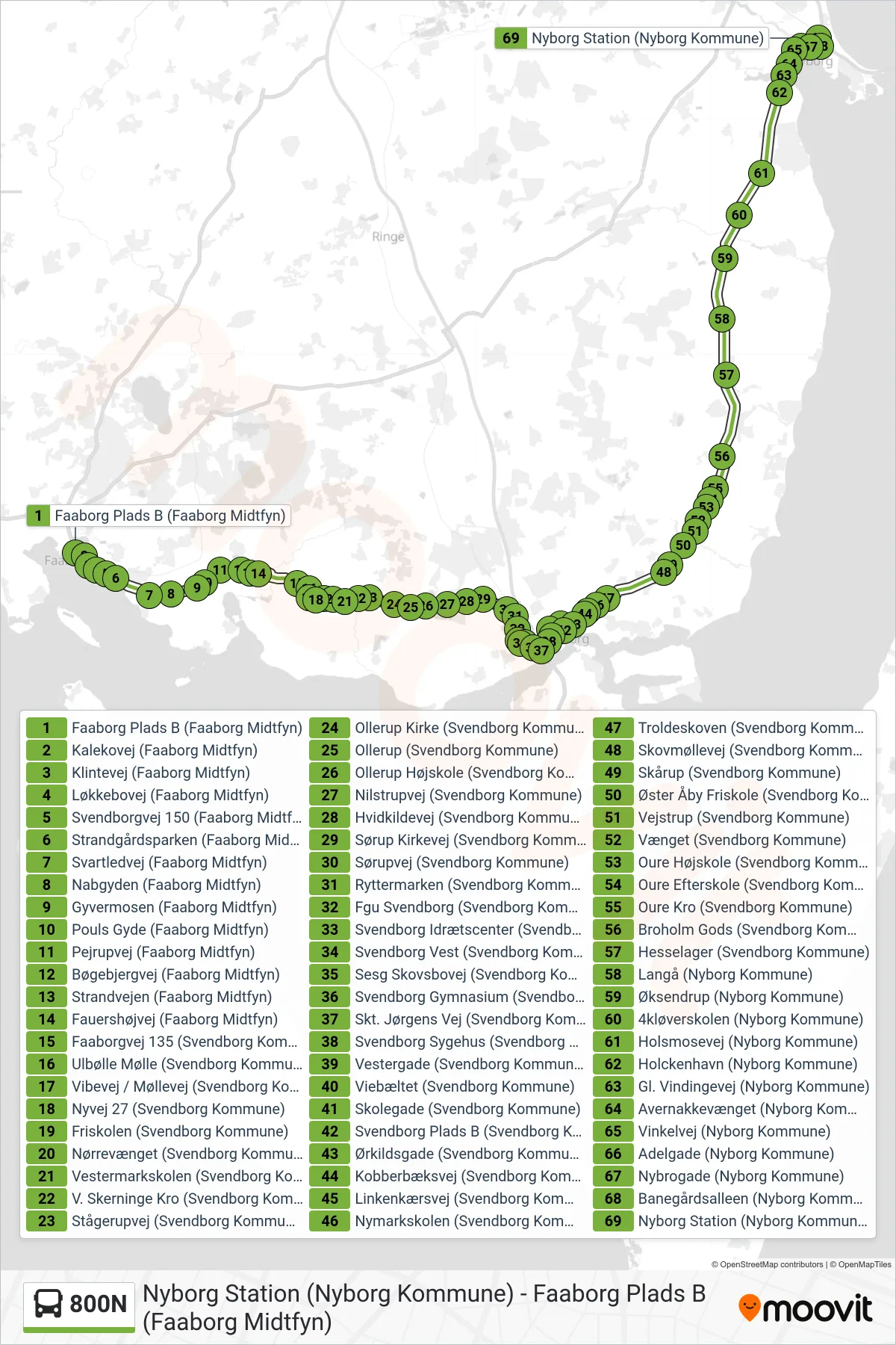 800N bus Linje (Nyborg) rute og stop på et kort