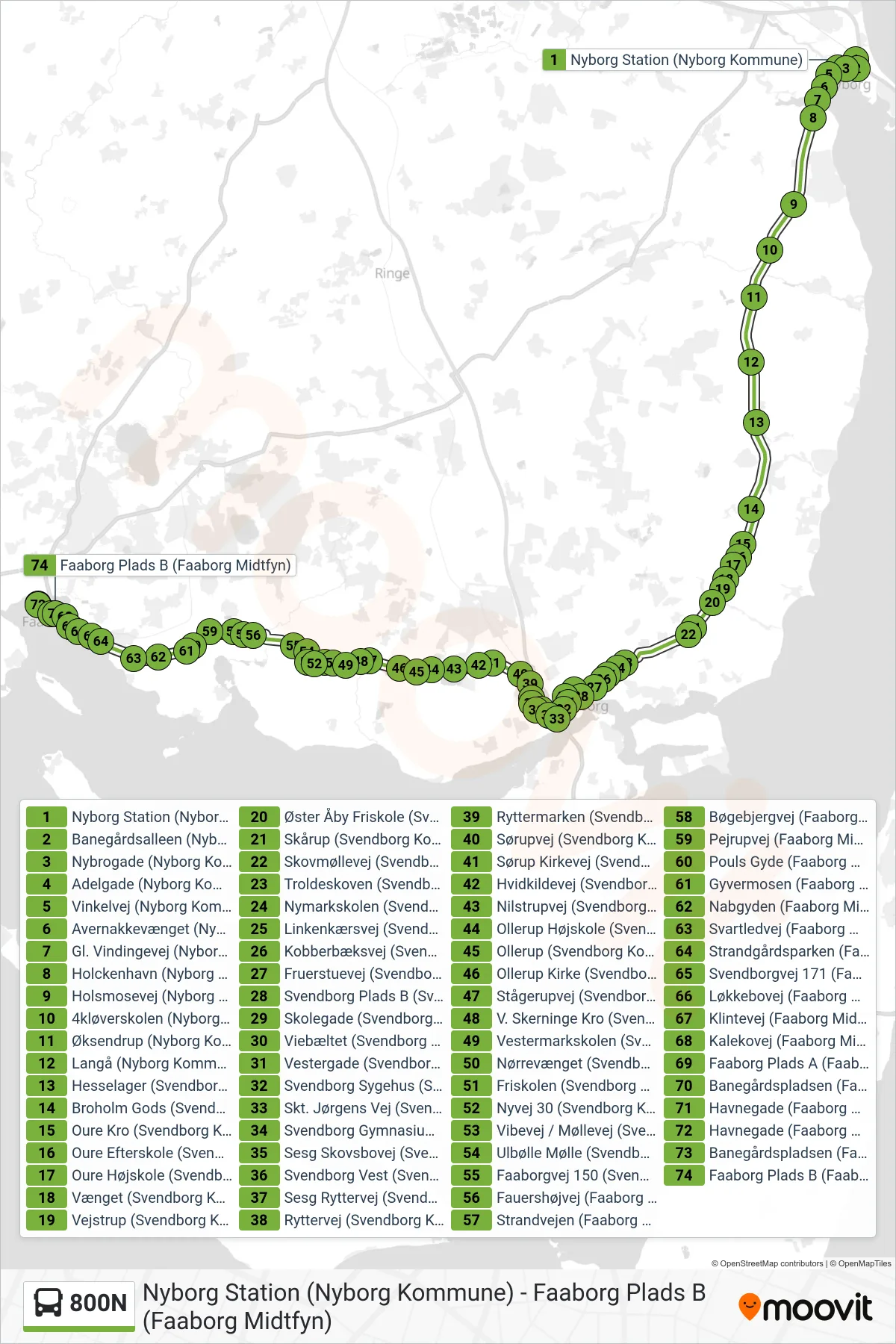 800N bus Linje (Faaborg) rute og stop på et kort