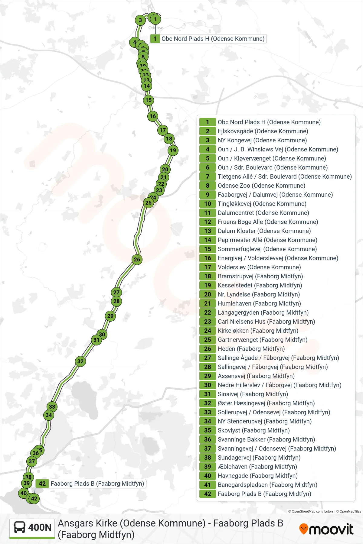400N bus Linje (Faaborg) rute og stop på et kort